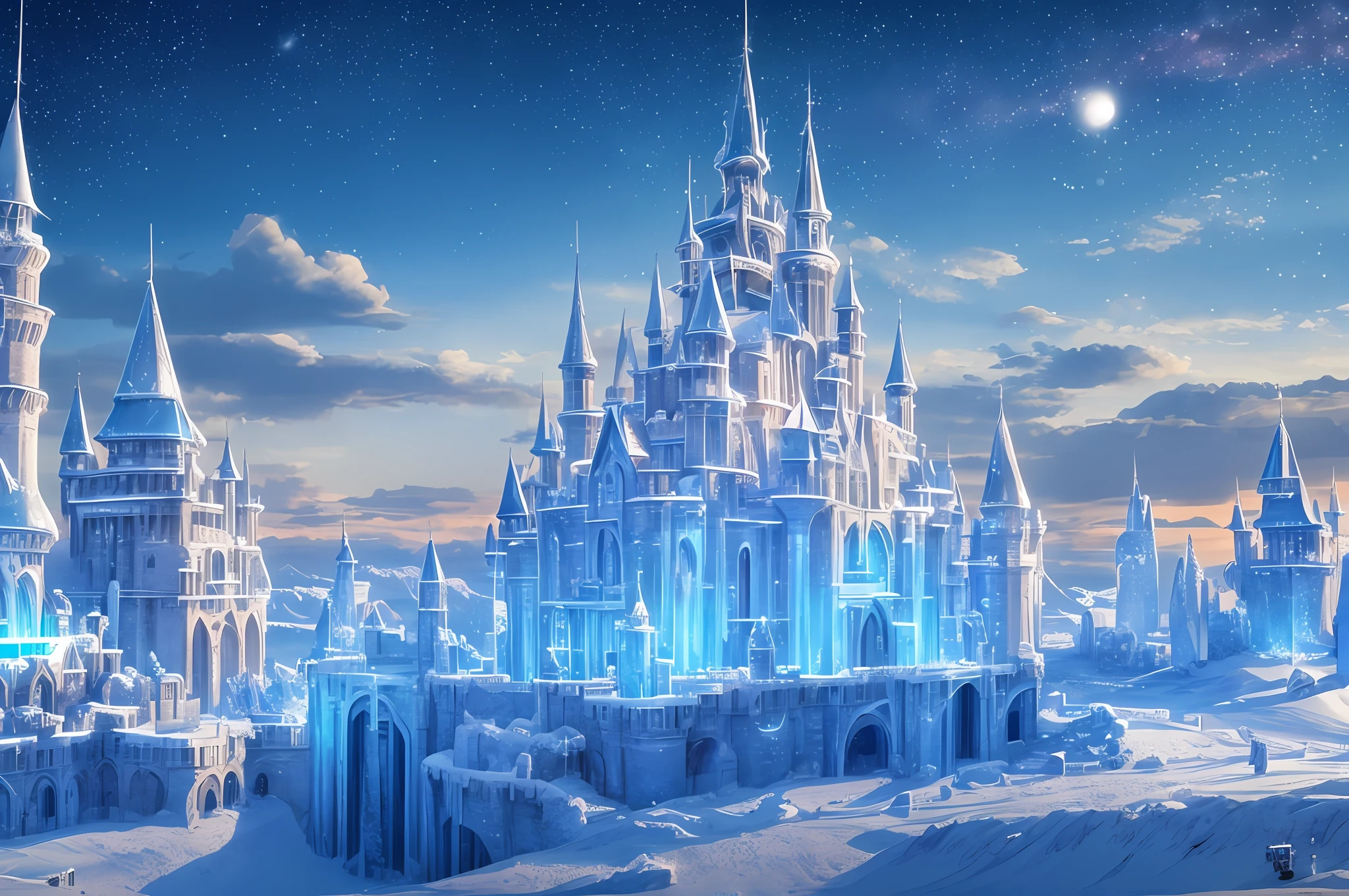 ultra-realistic scene, masterpiece, best quality, (very detailed CG Unity 8k wallpaper), (best quality), (best illustration), anime, ice kingdom, frost castle, tower, airship, ice element drone, loft, (steampunk) theme, glow, ultra hd, frost stars, blue sky, --auto --v6 --s2