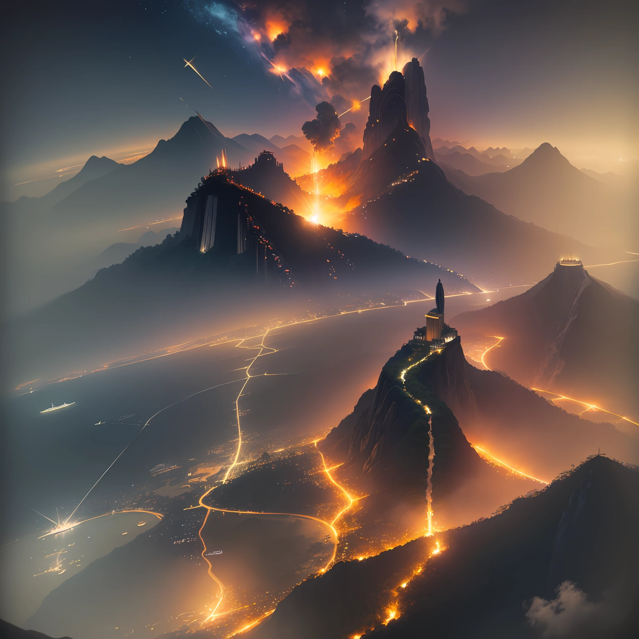 Create a masterpiece of Rio de Janeiro with Christ the Redeemer, 4K image, a high resolution with helicopters, airplanes and a catastrophic city, meteors falling through the city and the entire Christ the Redeemer and the city totally on fire