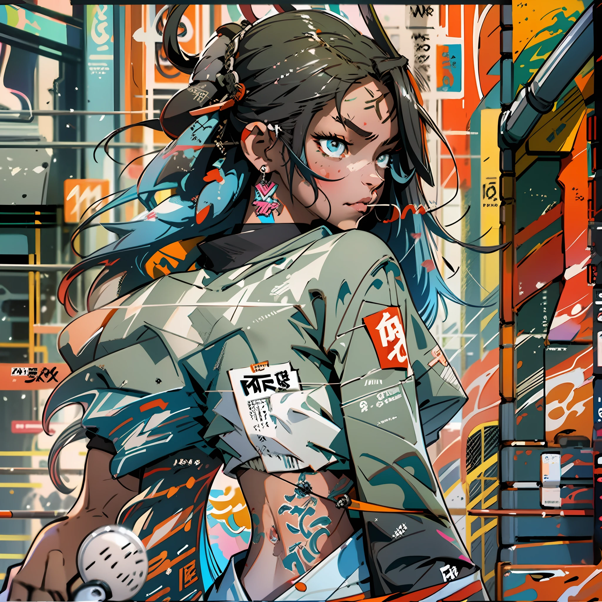 background, mixed-language_text, Japanese graffiti letters, a young warrior with long black hair cascading down her back. His eyes are a deep shade of amber, which shine with intensity when he is in battle. She possesses an athletic and slender appearance, with a confident and determined posture. Her skin has a light tan tone, evidencing her strength and endurance, photo, sticker art, freedom, soul, digital illustration, comic style, centered, approaching perfection, dynamic, highly detailed, watercolor painting, artstation, concept art, smooth, sharp focus, illustration, art by carne griffiths and ,alone anime, centered, approaching perfection, drawing style illustrator, anime style, body with futuristic tribal tattoo style designs in dragon shape,  serious face and ultra detailed artwork, graffiti style destroyed city scenery with camera focus,