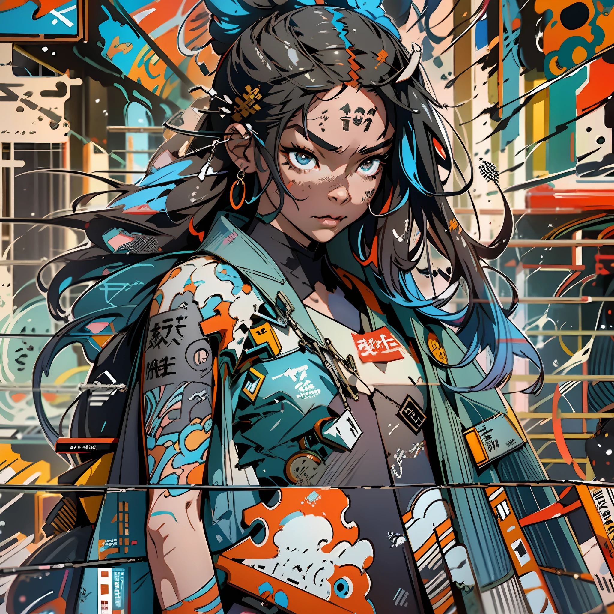 background, mixed-language_text, Japanese graffiti letters, a young warrior with long black hair cascading down her back. His eyes are a deep shade of amber, which shine with intensity when he is in battle. She possesses an athletic and slender appearance, with a confident and determined posture. Her skin has a light tan tone, evidencing her strength and endurance, photo, sticker art, freedom, soul, digital illustration, comic style, centered, approaching perfection, dynamic, highly detailed, watercolor painting, artstation, concept art, smooth, sharp focus, illustration, art by carne griffiths and ,alone anime, centered, approaching perfection, drawing style illustrator, anime style, body with futuristic tribal tattoo style designs in dragon shape, serious face and ultra detailed artwork, graffiti style destroyed city scenery with camera focus,