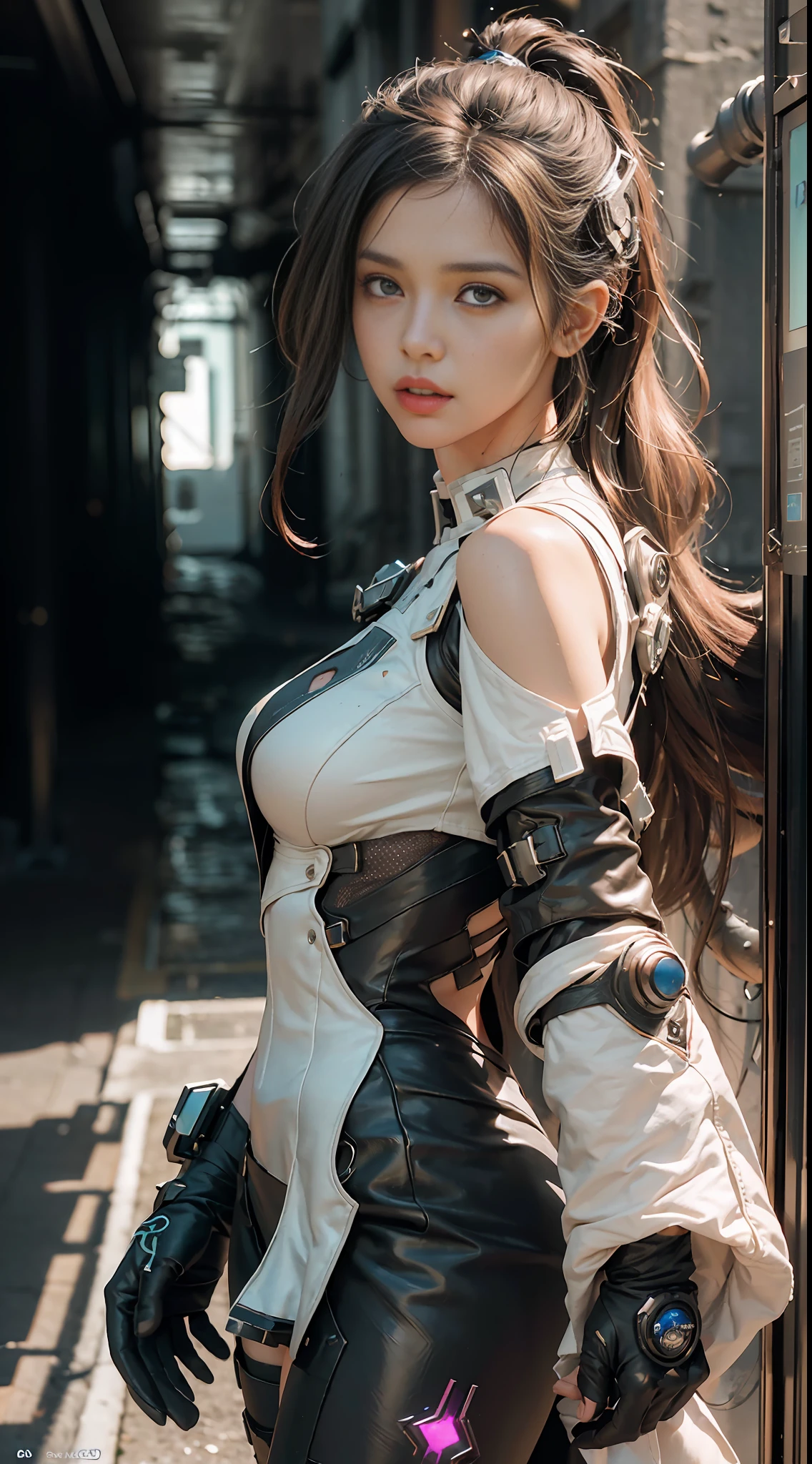 ((Best quality)), ((masterpiece)), (detailed:1.4), 3D, an image of a beautiful cyberpunk female,HDR (High Dynamic Range),Ray Tracing,NVIDIA RTX,Super-Resolution,Unreal 5,Subsurface scattering,PBR Texturing,Post-processing,Anisotropic Filtering,Depth-of-field,Maximum clarity and sharpness,Multi-layered textures,Albedo and Specular maps,Surface shading,Accurate simulation of light-material interaction,Perfect proportions,Octane Render,Two-tone lighting,Wide aperture,Low ISO,White balance,Rule of thirds,8K RAW,