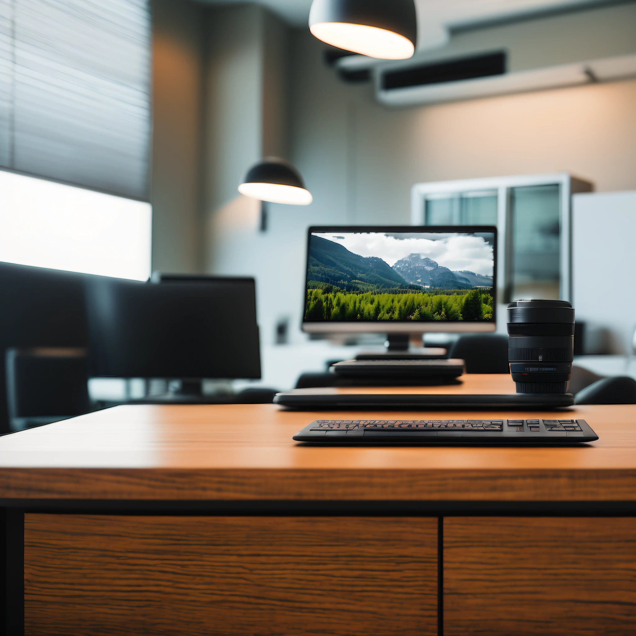 Take a photo of a modern computer on a desk in a modern office. The style is simple and sophisticated, emphasizing the sleek design and high-resolution display of the computer. The lighting is based on natural light and captures the reflection and shine of the metallic surface of the computer. The colors are monochrome, silver-colored computers, and the warm colors of the wood-grained desk. The composition uses a macro lens to emphasize the details of the computer. The camera used is a Canon EOS 5D Mark IV DSLR, the lens is an EF 100mm f/2.8L MACRO IS USM, the resolution is 30.4 megapixels, the ISO sensitivity is 100, and the shutter speed is 1/125 sec. --ar 16:9 --v 5.1 --style raw --q 2 --s 750