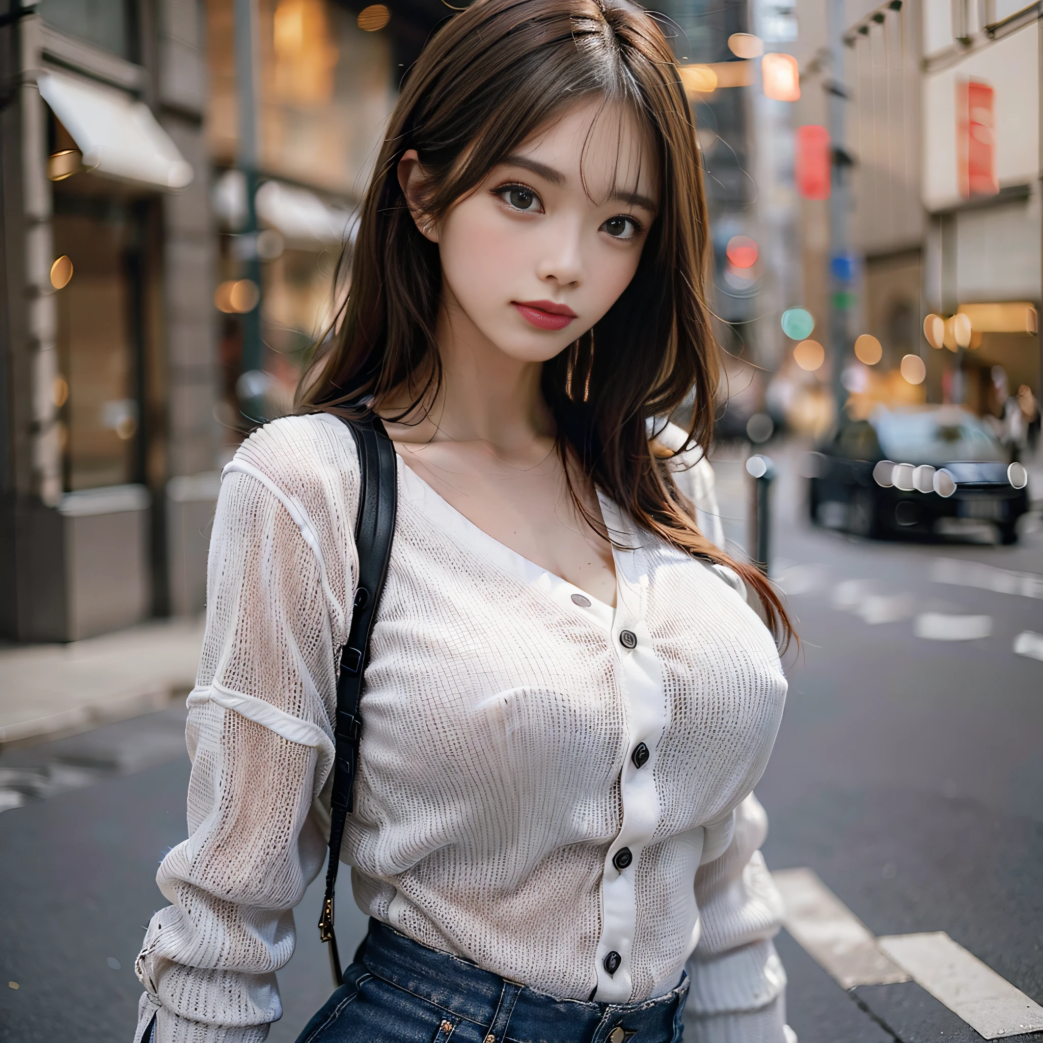 ((top quality, 16k, masterpiece: 1.3)), Sharp Focus: 1.2, Pretty woman with perfect figure: 1.4, slender abs: 1.2, ((dark brown hair, huge breasts: 1.4)), (wearing a white button-up shirt, Jean: 1.1), urban area: 1.2, highly detailed face and skin texture, detailed eyes, double eyelids