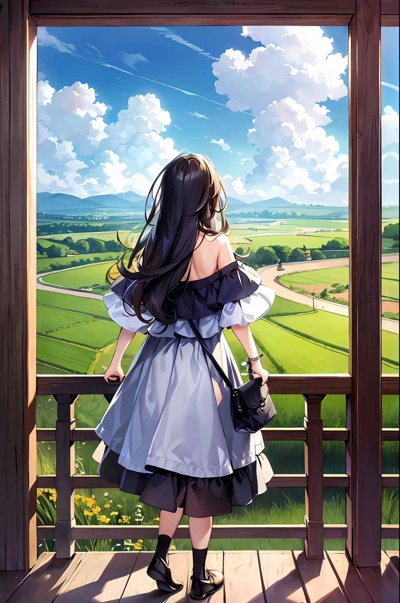 masterpiece,highres,extremely detailed CG unity 8k wallpaper, best quality, ultra-detailed, (best shadow), woman, mature, landscape,flower, off-shoulder dress, long hair,adjusting hair,floating hair,meadow, sunlight,day,cloudy sky,standing,castle,((from behind)), vanishing point ,field, rural, rice paddy,looking at landscape, panorama,overlook,socks,(high contrast:0.8),(((distant view))),blurry foreground,shoulder bag,