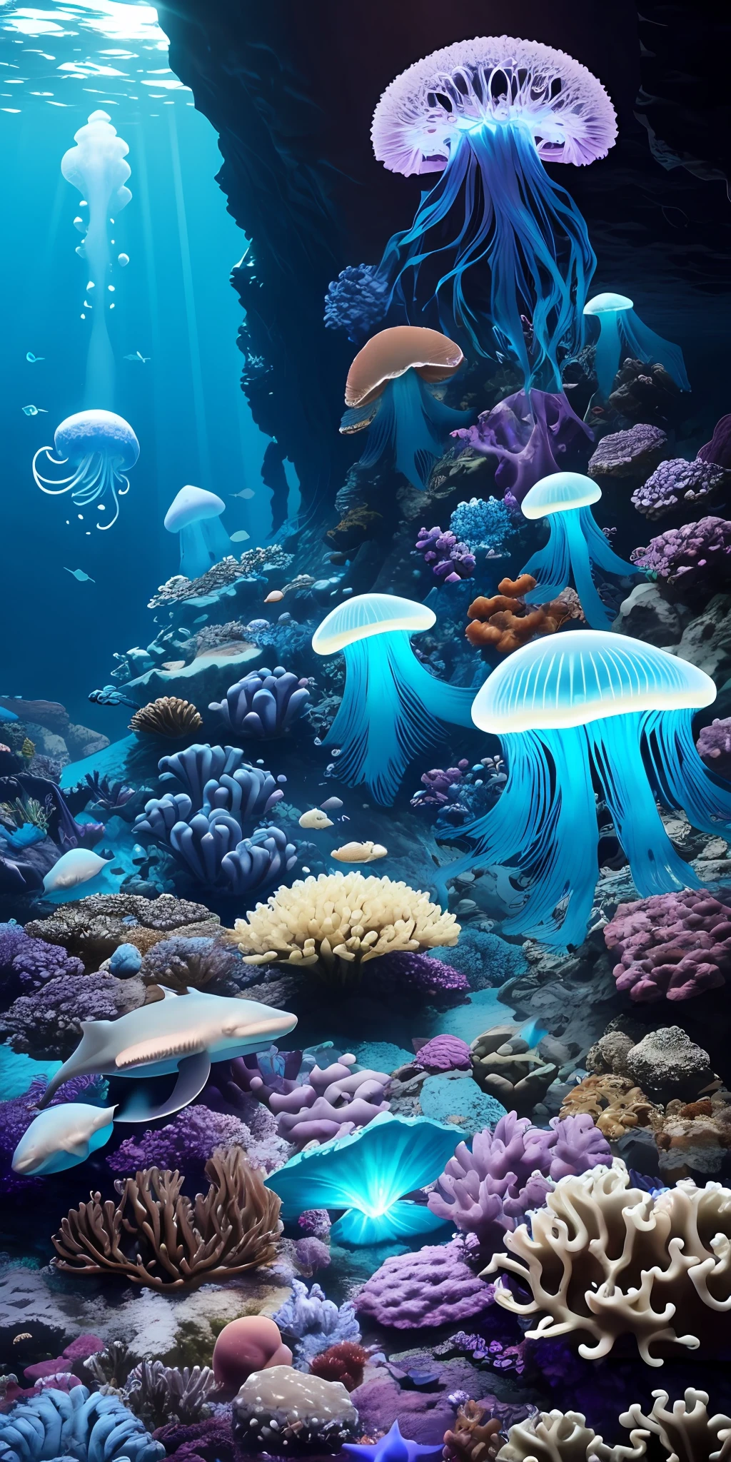 Undersea caves Deep blue Faint light and shadows Bizarre creatures, albino sharks, giant jellyfish and transparent fish Hydrothermal vents and giant volcanoes Deep-sea plants and seaweed Caves and rock formations at the bottom of the deep sea Rare animals, giant octopuses Bioluminescence effects of giant jellyfish and other organisms