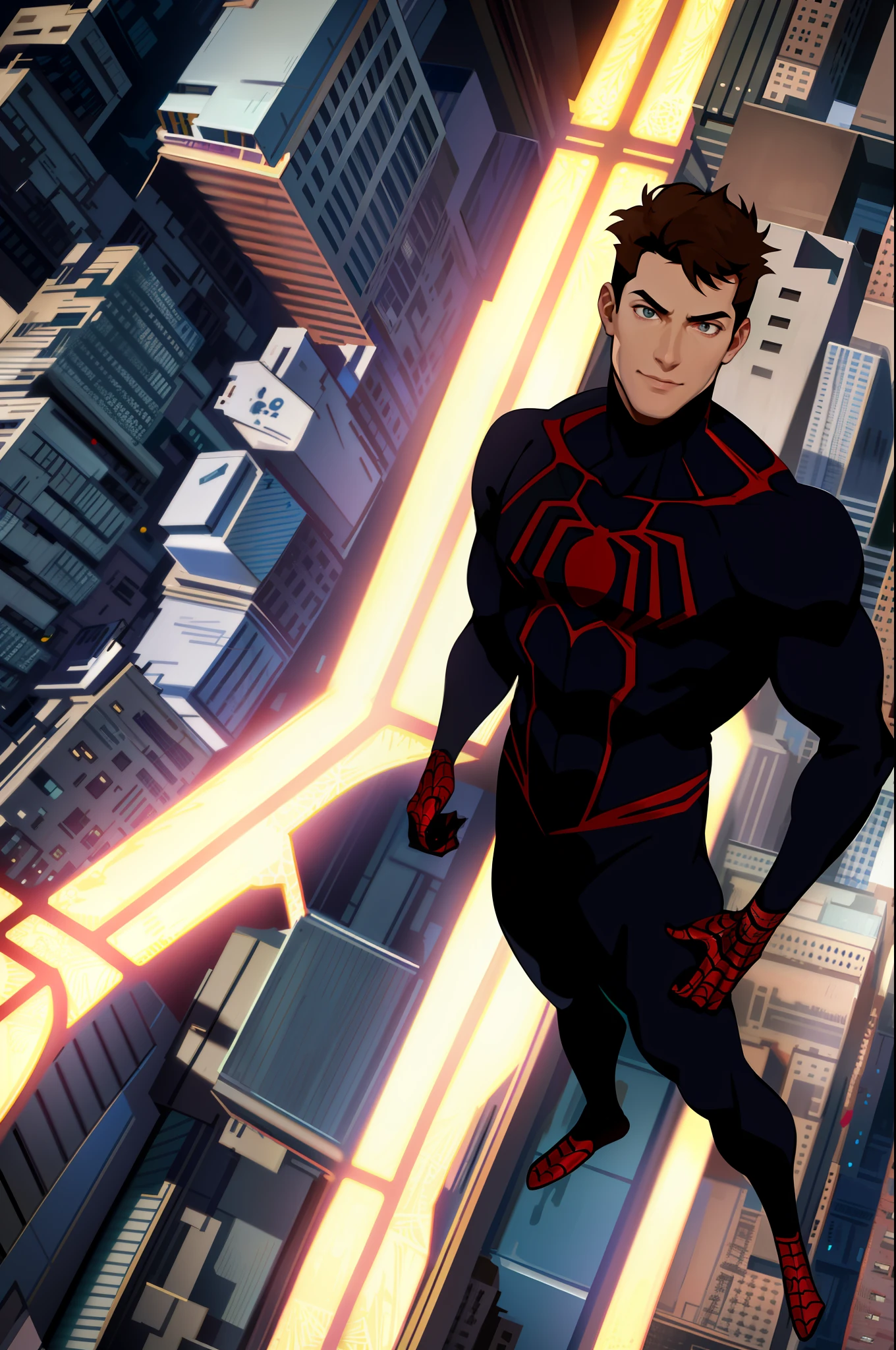 spider suit, spider web print, spider web, spider-man
Masterpiece, absurd, fine details, HDR, ((highly detailed face and eyes)), photorealistic,
focus on the eyes, drawn
standing on the roof of a skyscraper, ((without mask)), looking at the viewer, smiling, short brown hair,
background of New York buildings, drawing
