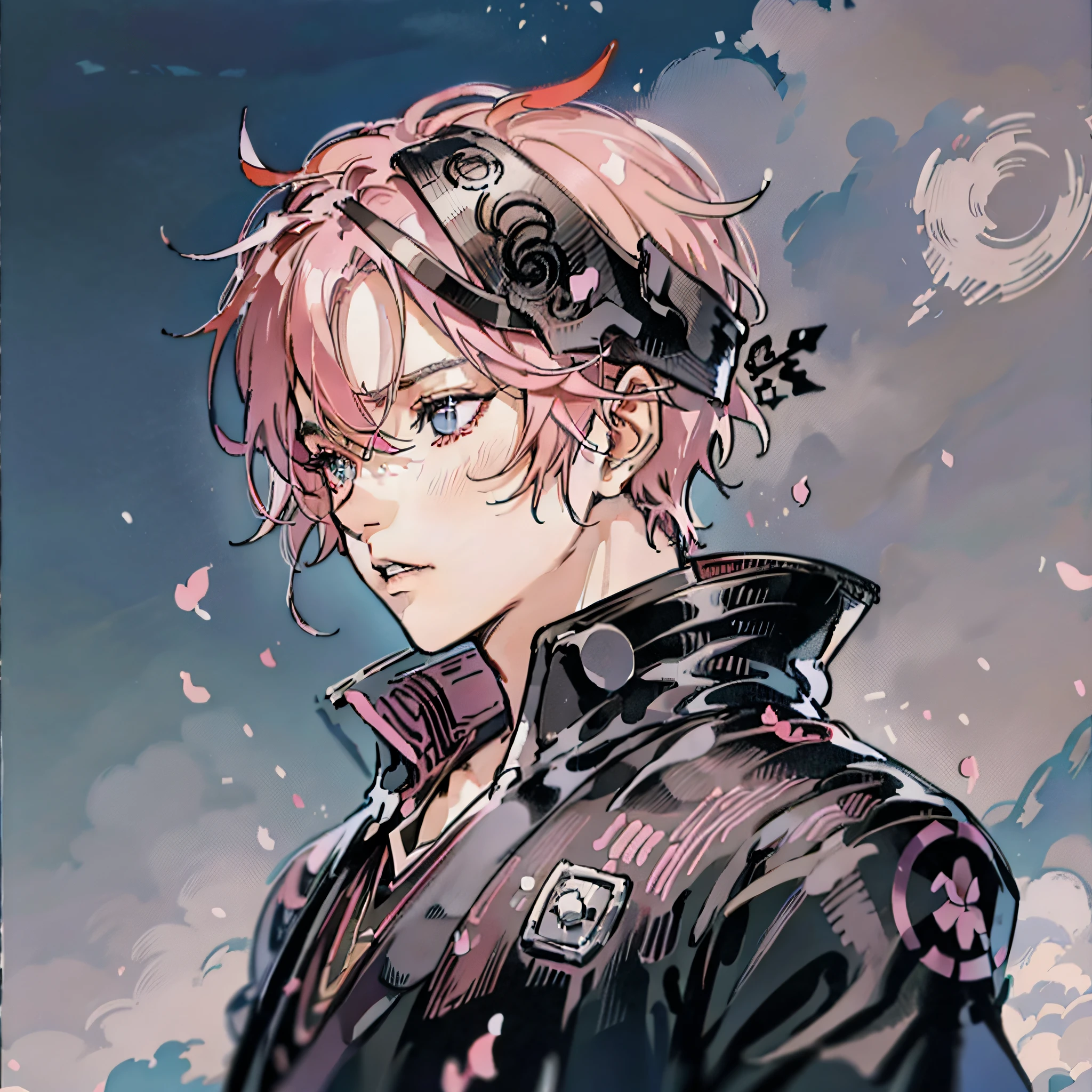 Anime boy pink hair black costume portrait bust, black bandana, grey eyes, best anime, badass anime, male, High quality anime art.