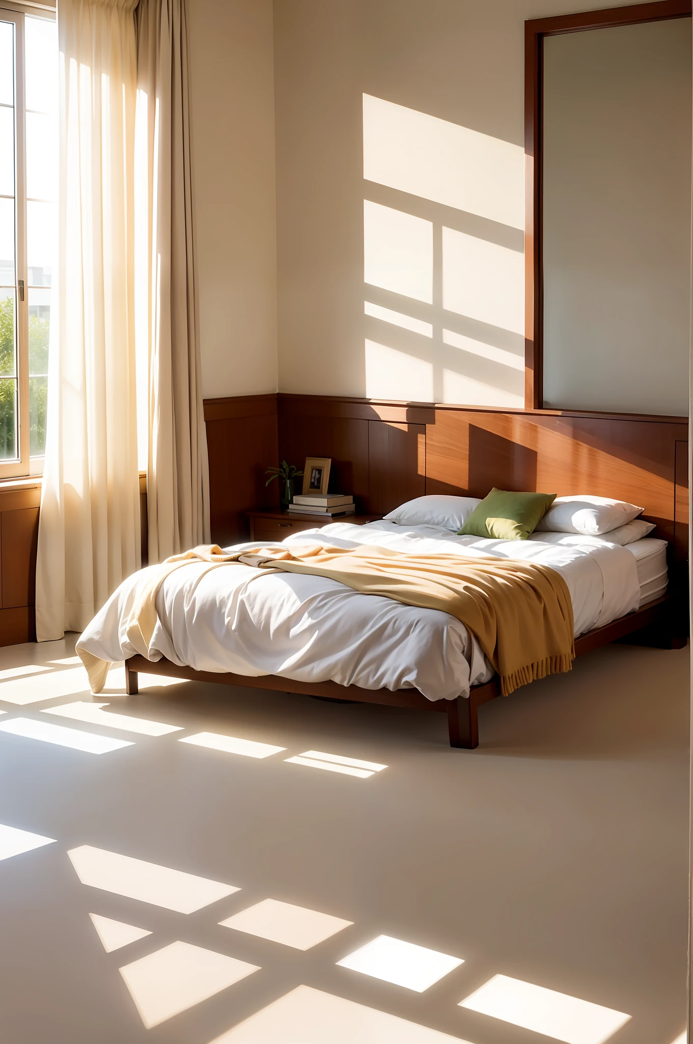 In the bedroom with a cooler tone, sunlight pours in through the window, shining on an air purifier, and with OC rendering and high quality, the picture is exceptionally clear.