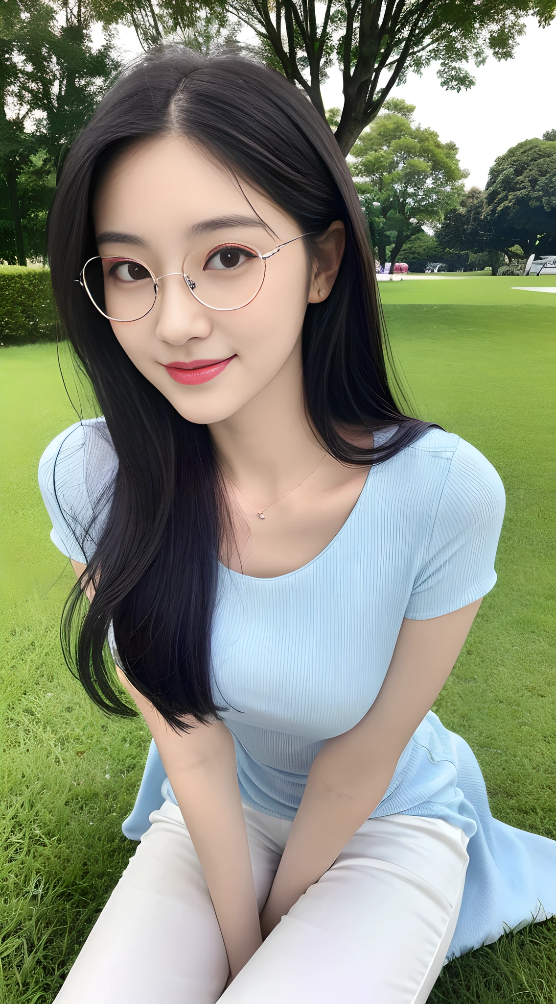 A beautiful and cute girl, full body photo, extremely beautiful and delicate, black hair, sweet smile, delicate beautiful fair skin, realistic and realistic, exquisite and complete facial features, detailed facial portrayal, high nose bridge, with glasses, flowing smooth hair, extremely delicate hair, soft temperament, face light, tall, thin, real, hyper-real, full-body lens, forward tilt angle, ultimate picture quality, highest precision, accurate and perfect human body structure. Blue sky and white clouds, sitting on the grass, blue sky and white clouds, sunshine, (shirt + dress trousers)