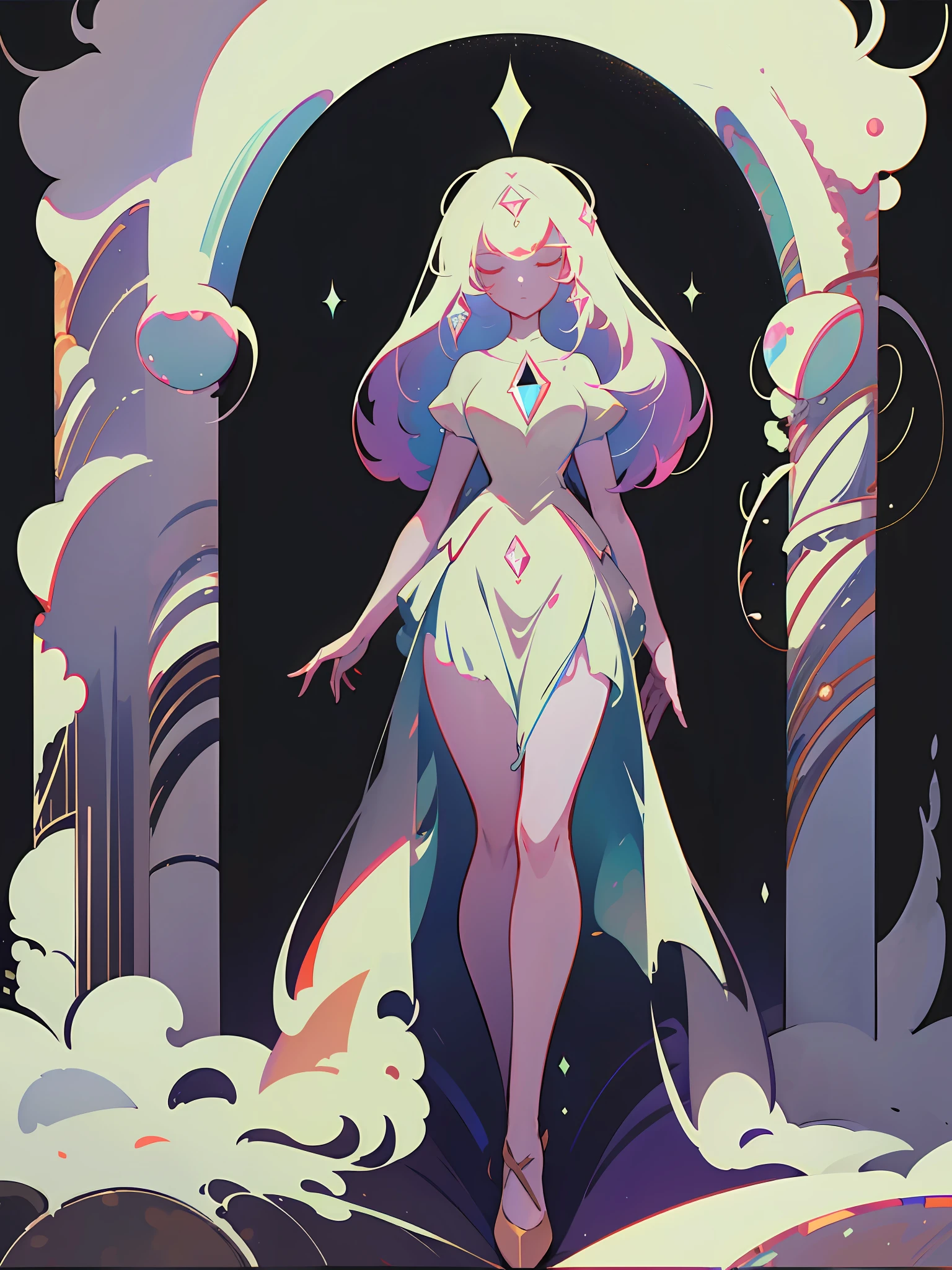 (best quality, masterpiece), 1 girl, yellow diamonds mineral, beautiful full body concept art, simple dark background, looking at viewer, gold long hair, mineral, (straight long legs:1.4), a skirt that covers the thighs, sleek glass thickness, transparent, cinematic lighting, rendering, 4K, --niji 5