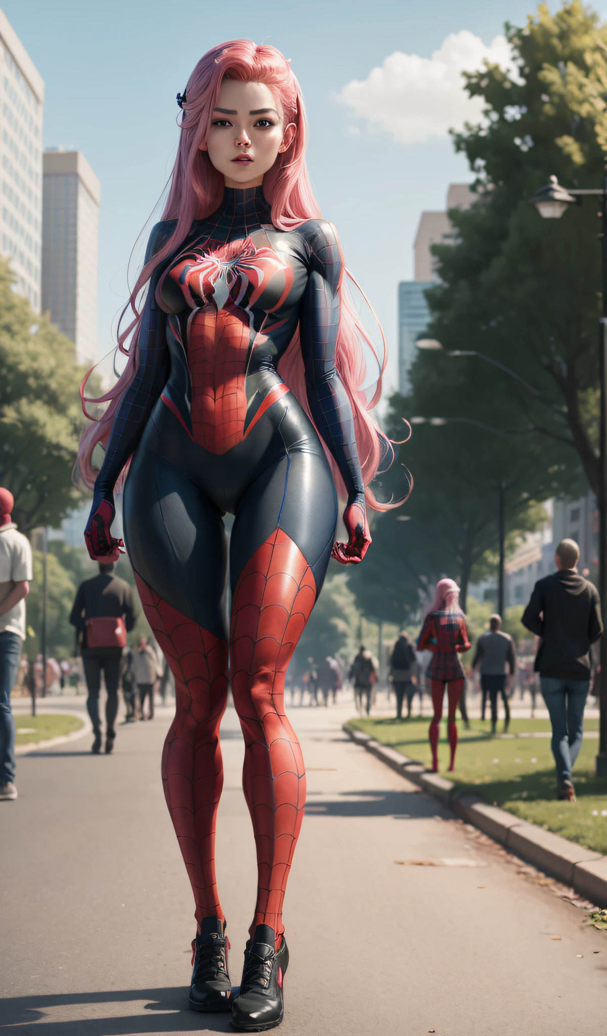 4k, realistic, carismatic, very detail, there is a girl in a park wearing spiderman costum, she is a spiderman, super hero theme, pink long hair, 25 years old, full body