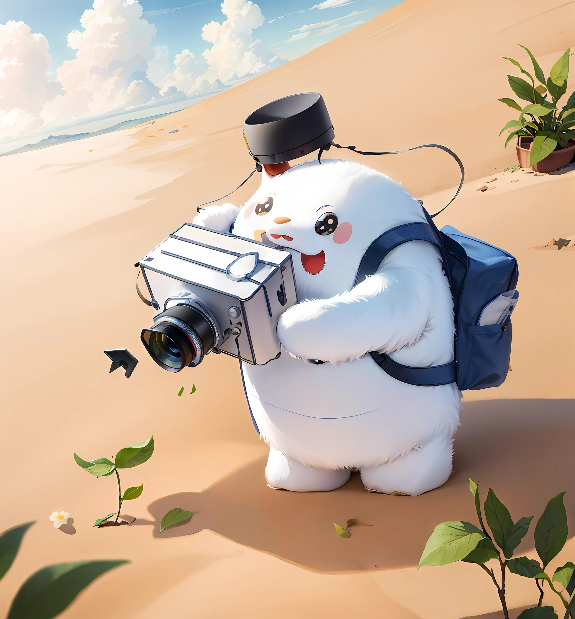 Moutai, mascot, cute, backpack, camera, photography, high-precision illustration, land, plants, summer, sunshine