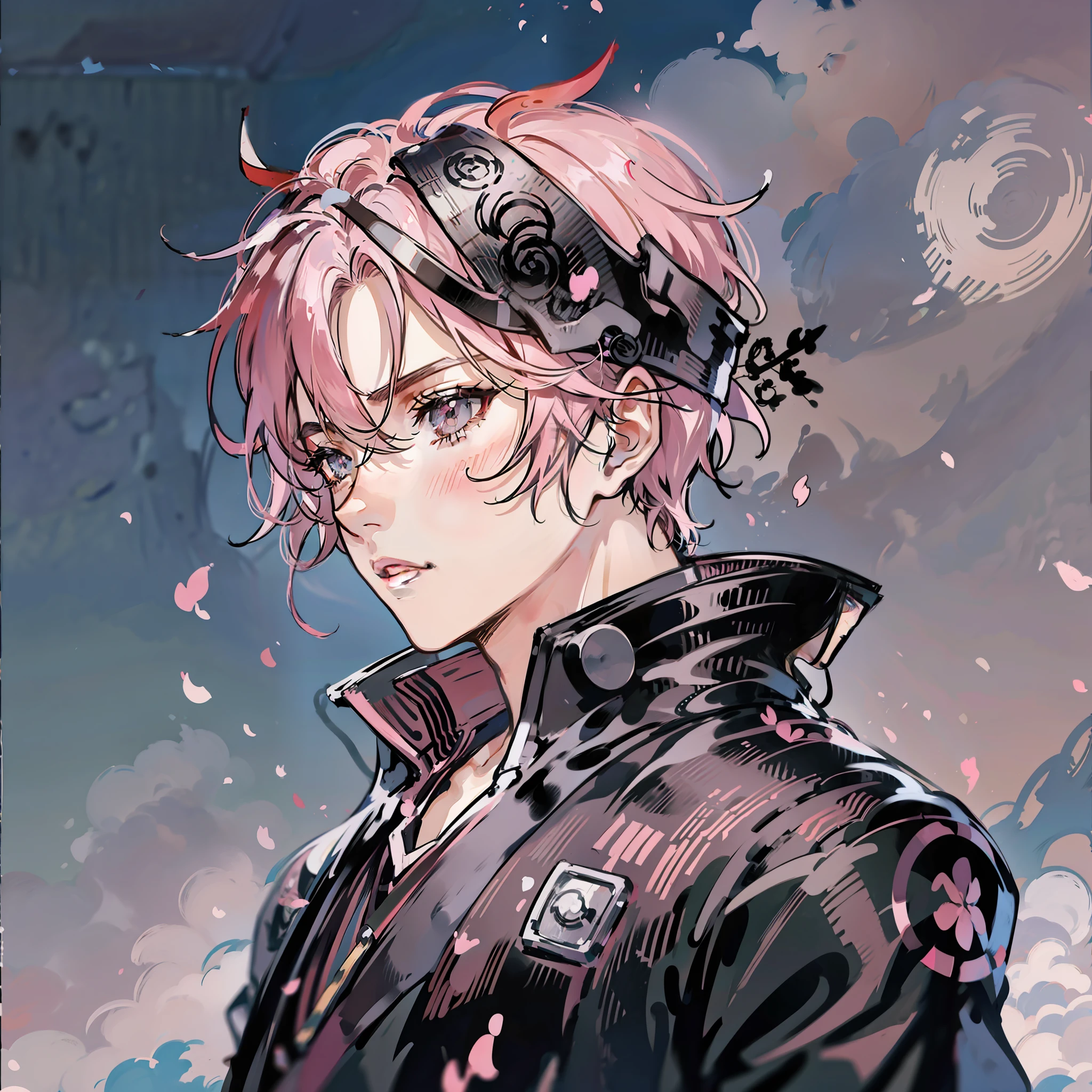 Anime boy pink hair black costume portrait bust, black bandana, grey eyes, best anime, badass anime, male, High quality anime art.