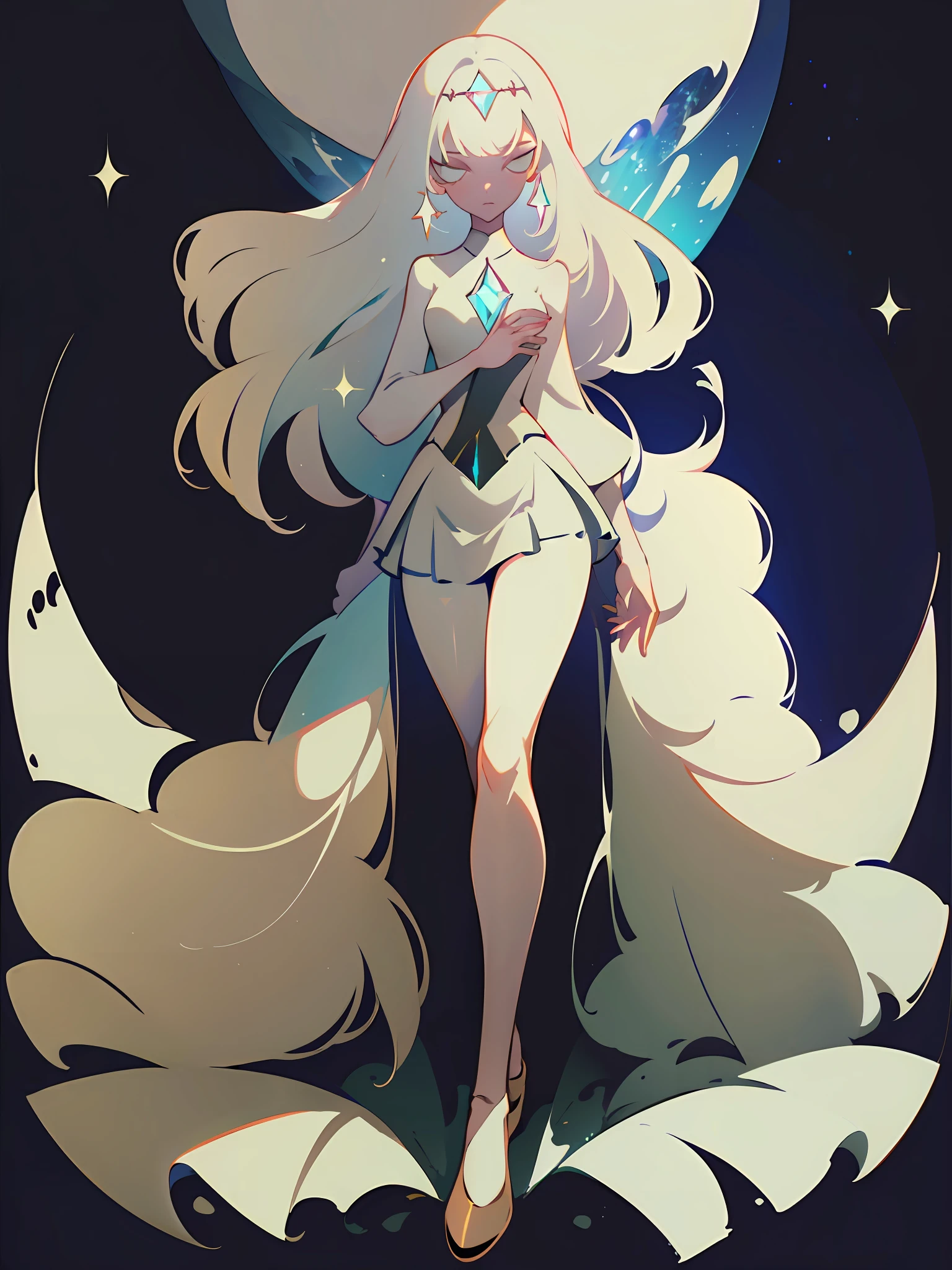 (best quality, masterpiece), 1 girl, yellow diamonds mineral, beautiful full body concept art, simple dark background, looking at viewer, gold long hair, mineral, (straight long legs:1.4), a skirt that covers the thighs, sleek glass thickness, transparent, cinematic lighting, rendering, 4K, --niji 5