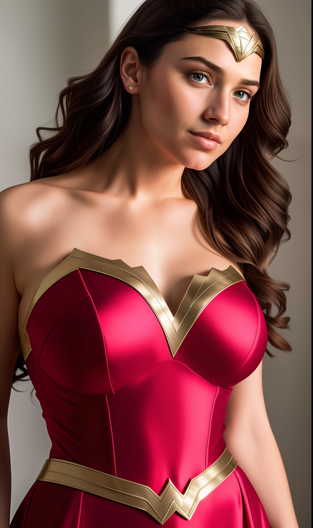 soft, dynamic angle, realistic lighting, medium breasts, Wonder WOMAN dress, (natural skin texture, hyper-realism, soft light, sharp: 1.2), (intricate details: 1.12), hdr masterpiece, best quality, (highly detailed photo: 1.1), 8k, photorealistic, (SFW)