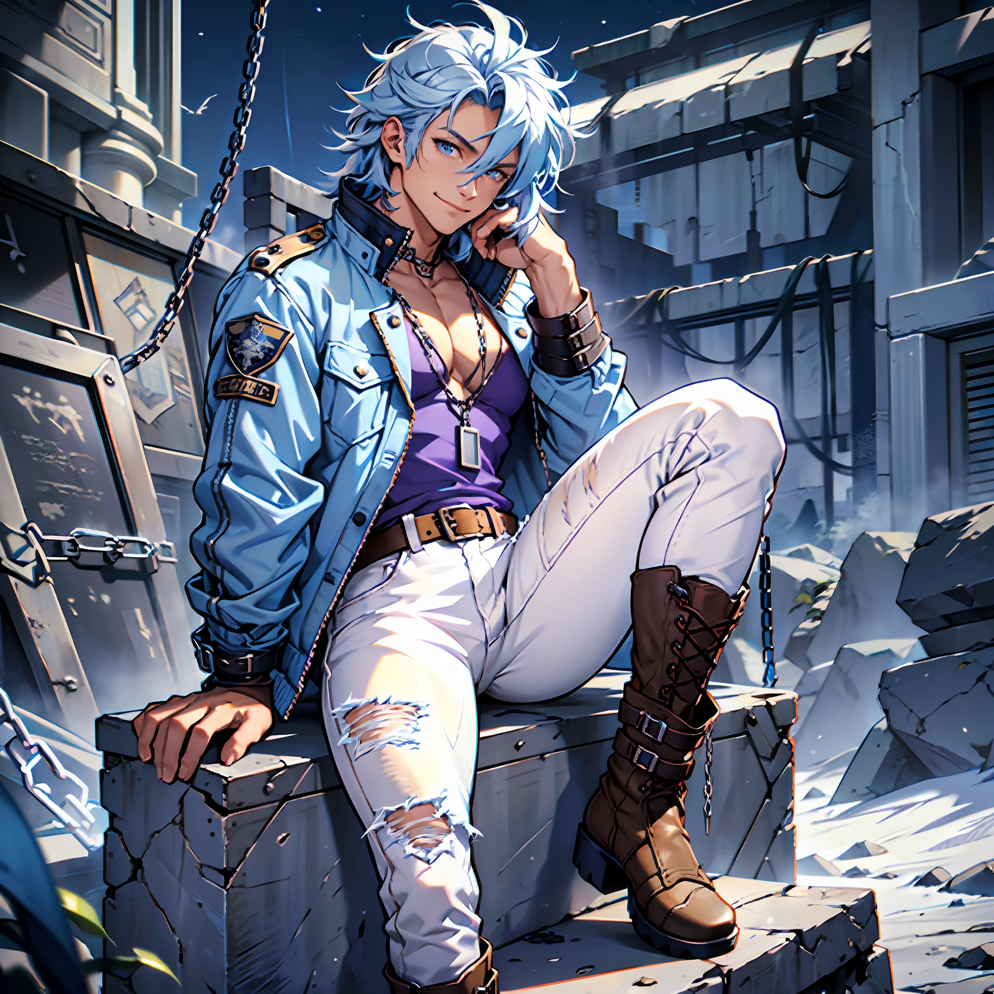 Man muscles, defined body, scars on arms, blue jacket, white blouse under jacket, long jeans of blue color, military boots of violet color, chains in the hands, silver cord with rings fastened, straight blue hair, messy hair, light blue colored eyes, smile of determination, brown skin, ancient kingdom, night scenery.