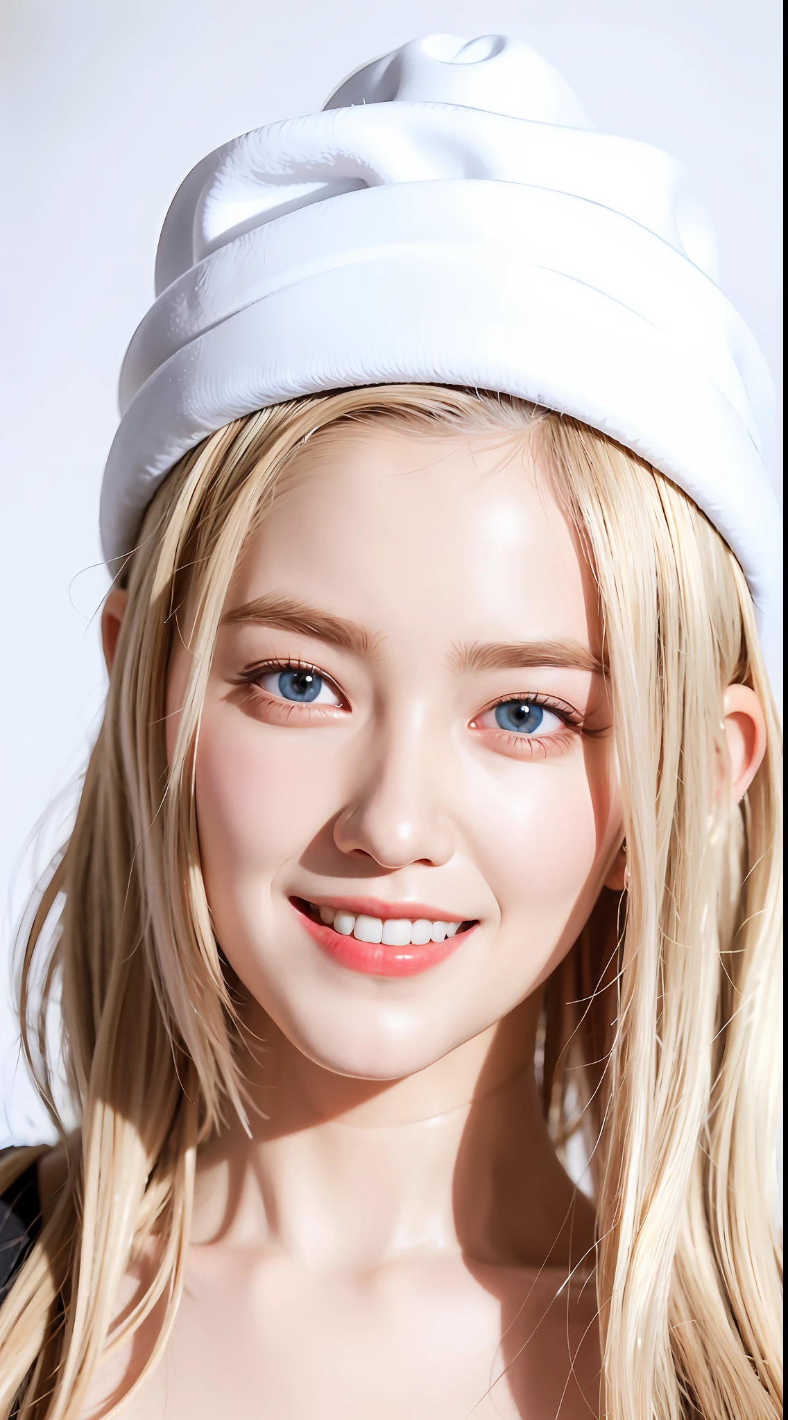 white hair, smile, hat, headlight, realistic, best quality, super high resolution, very detailed eyes and face,