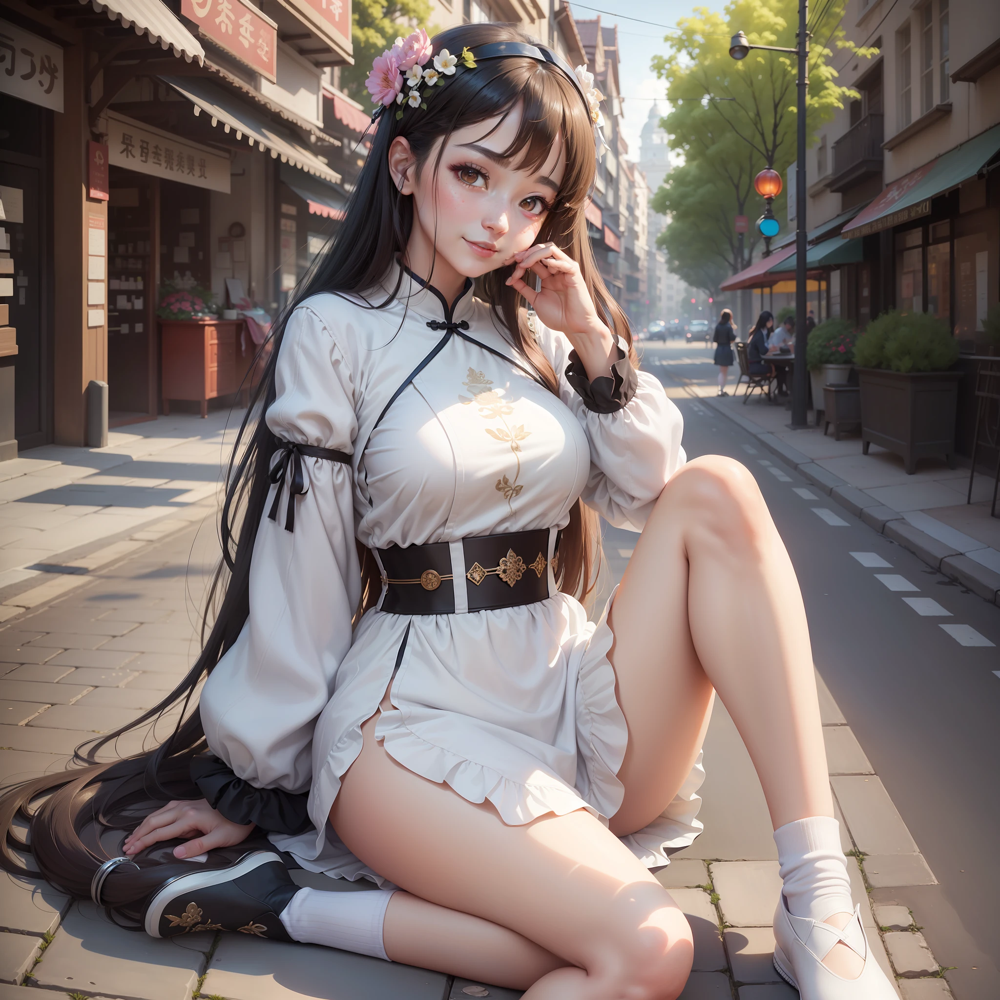 1girl,sitting, full body, white socks,chinese clothing, best quality, masterpiece, Illustrations, very delicate beauty, very detailed, CG, solidarity, 8K wallpaper, amazing, fine details, highly detailed CG Unity 8K wallpaper, very detailed, (best illustration: 1.1), (best shadow: 1.1), ultra high resolution, (reality: 1.1), (realistic 1.2:1.1), realistic face proportions, smile, (makeup: 0.4), (fluffy dark eyes: 1.21), (irregular and irregular skin blemishes, veins, skin wrinkles pores: 1.2), (daytime street background: 1.2), (bokeh: 1.4),