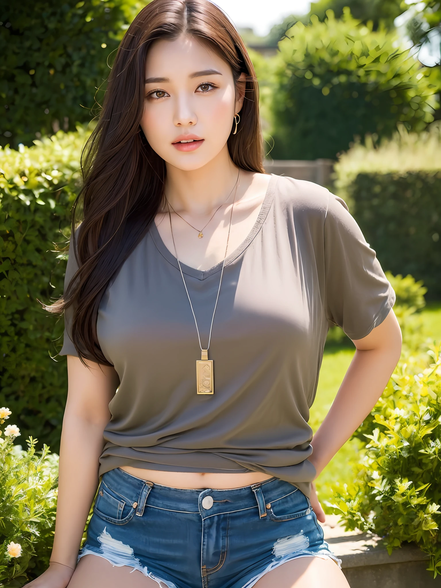 Perfect slightly fat body: 1.4, dark brown hair, medium chest, wearing pendant, short-sleeved shorts, in the garden, highly detailed face and skin, detailed eyes, double eyelids, 30 years old Chinese woman, full body photo