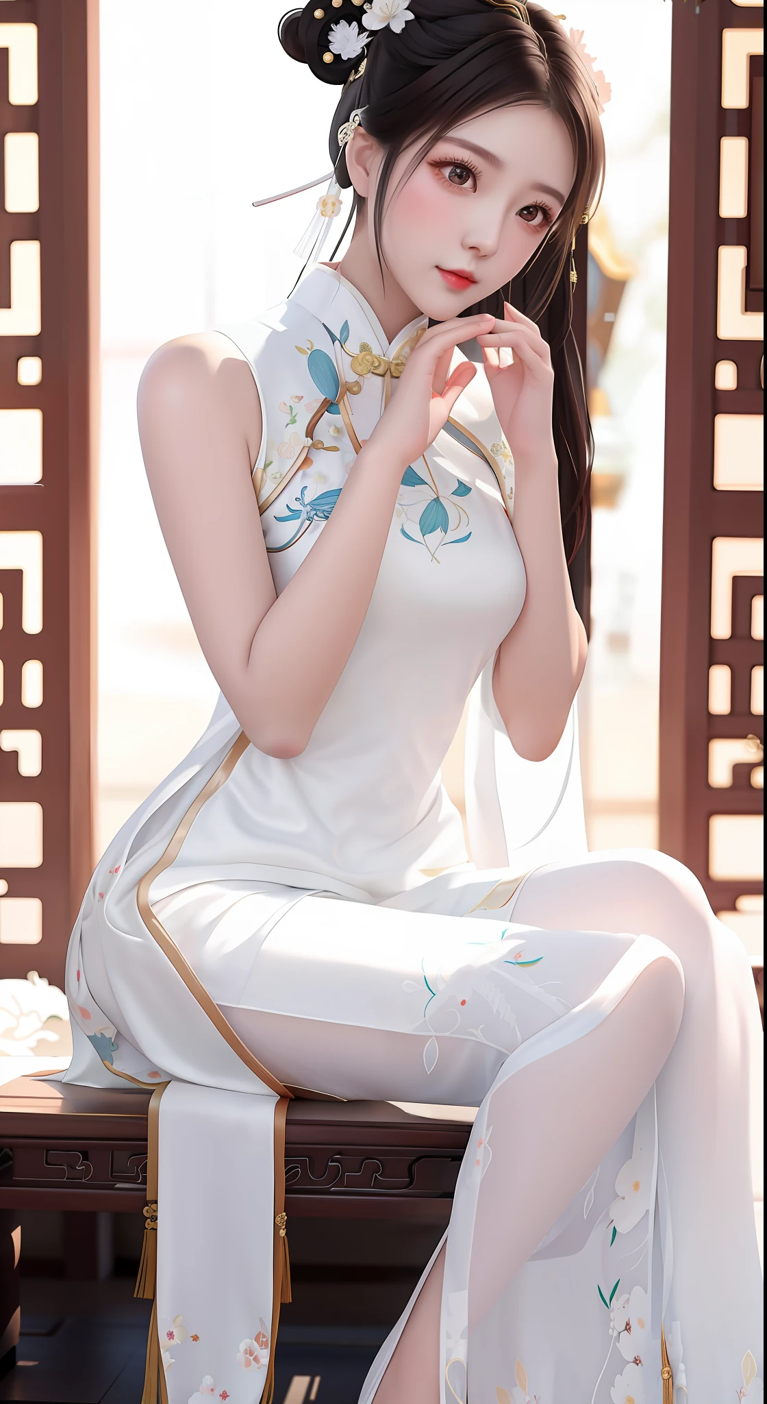 Woman sitting on bench in white dress, cheongsam, Chinese dress, white hanfu, chinese style, gorgeous chinese model, chinese costume, Chinese Traditional, with ancient chinese costume, charming and seductive, smooth white tights suit, chinese traditional costume, chinese girl, beautiful oriental woman, palace, girl in hanfu