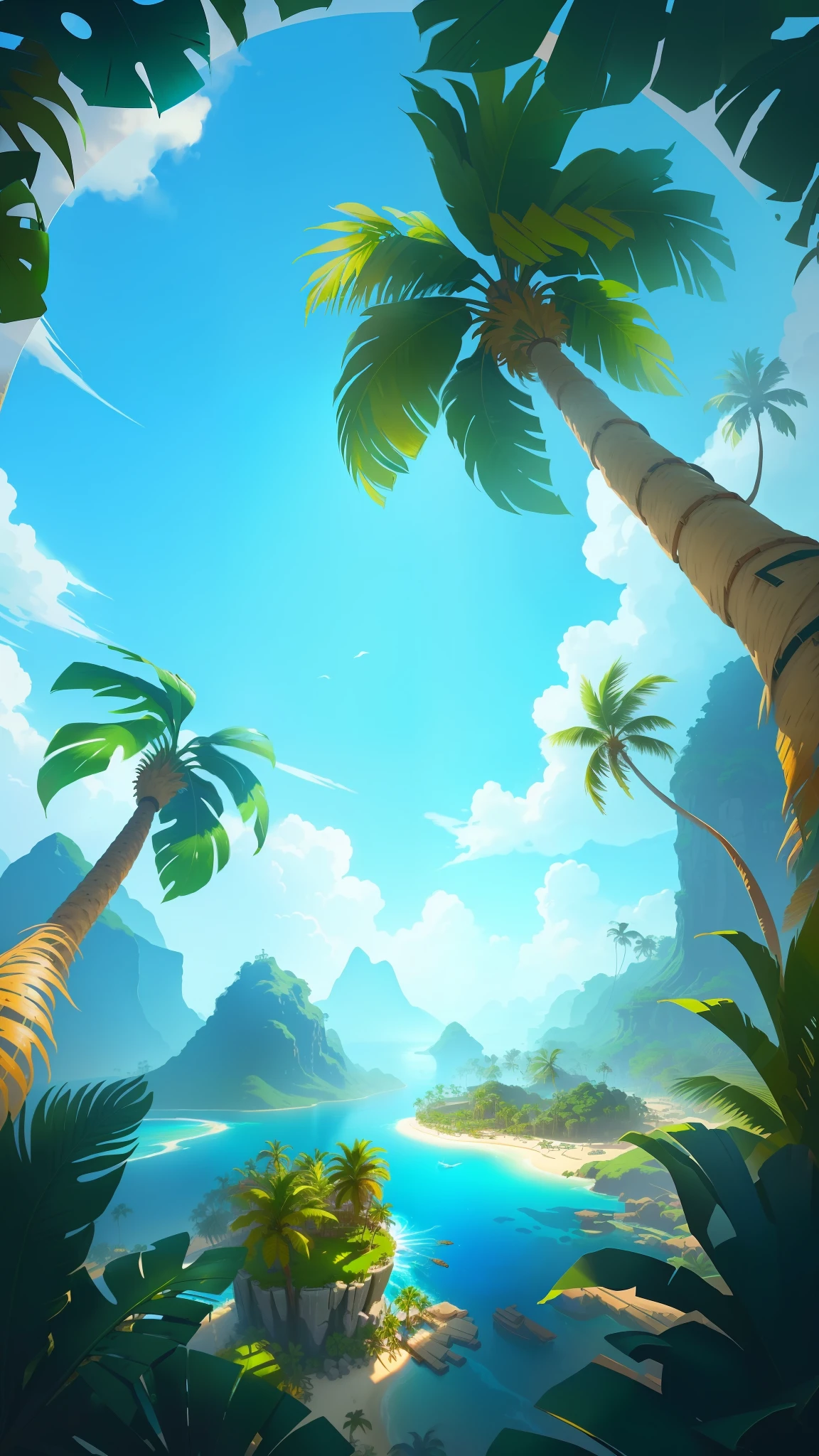 tropical island with palm tree game background, island background, mobile game art, jungle background, stylized concept art, detailed game art, splash art, palm tree, game illustration, look up view, hd