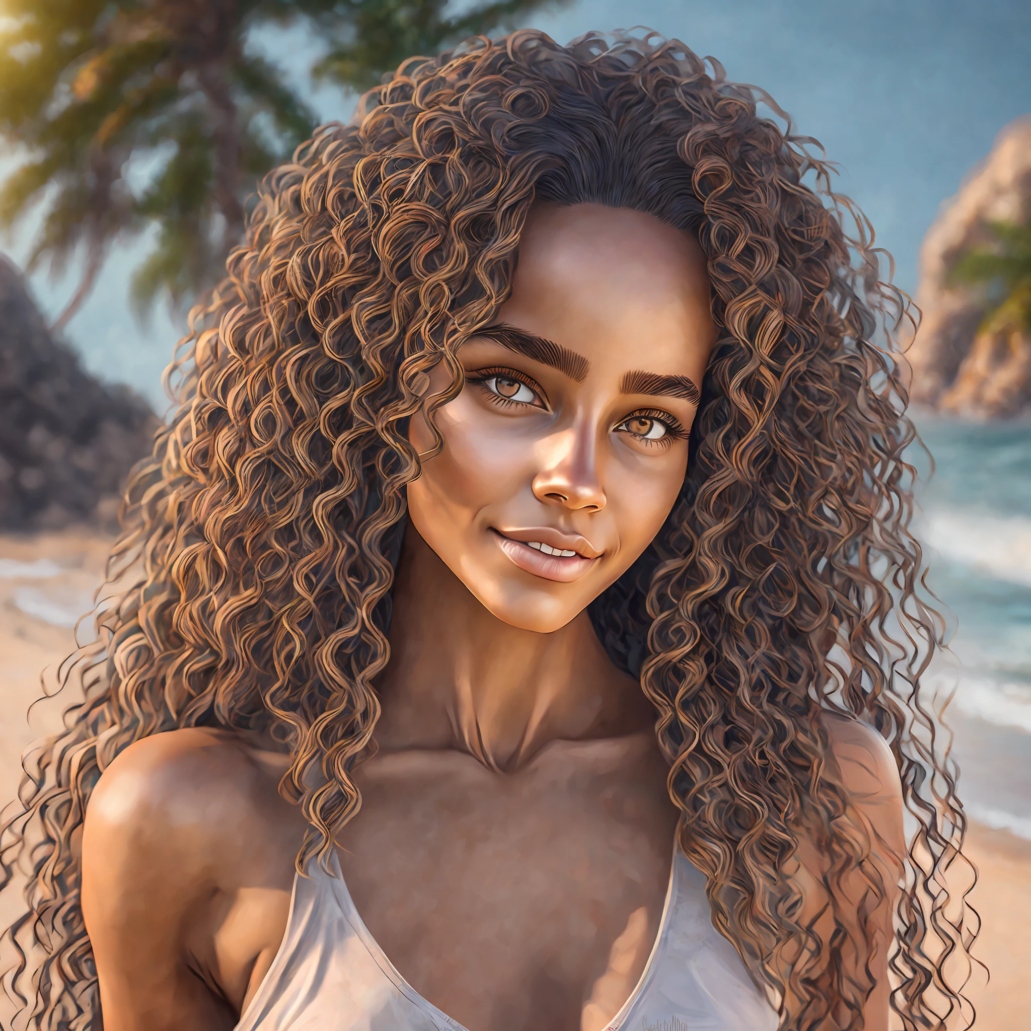 woman, beach, curly hair, latin woman, model body, body everything, long hair, beautiful face, soft warm light, best quality (8k) (4k), realistic, hyper-realistic --auto --s2