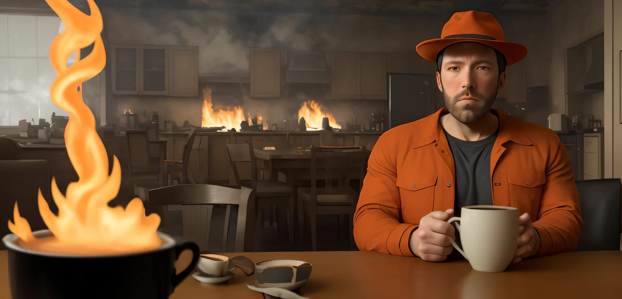 cross-eyed (Ben Affleck) with a lost gaze, wearing very small orange hat, sitting on a chair like a person, in the living room of a house, the house is on fire, there is a table with a cup of coffee, explosions and fire in the back, ((photorealism)), realistic, best quality, 8k, award winning, dramatic lighting, epic, cinematic, masterpiece