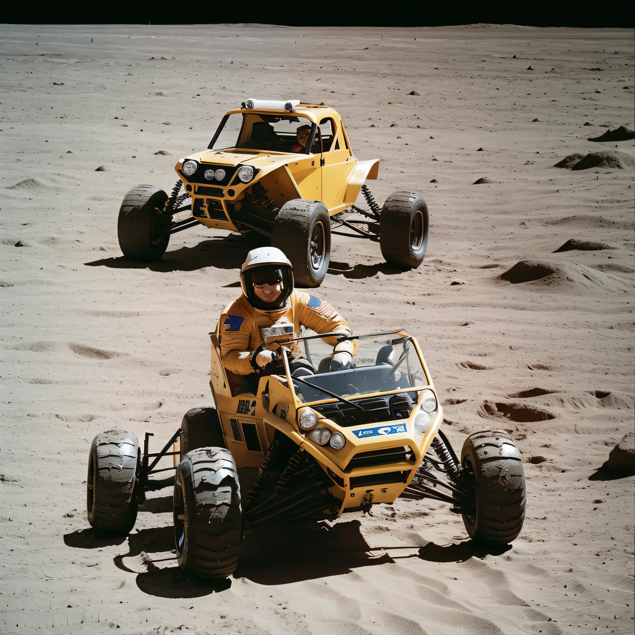 Astronaut driving a sand buggy on the moon