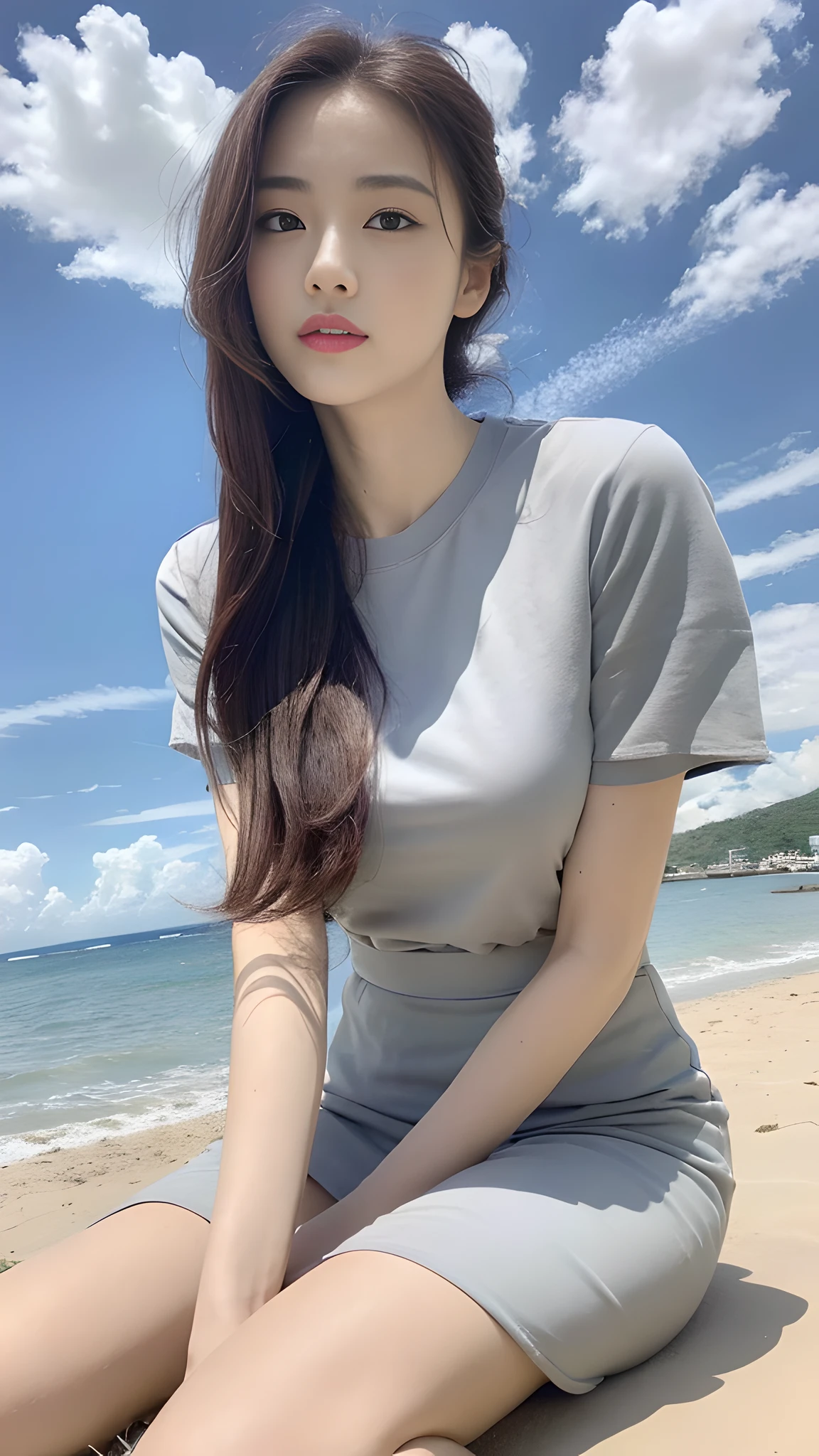 ((Best Quality, 8K, Masterpiece:1.3)), A beautiful girl, pure, melon face, gentle and cute, thin figure, partial head, upper body leaning forward, loose short sleeves, white background floral long skirt, high ponytail, black fluffy long ponytail hair, round black big eyes, clear big eyes, moist red lips, sweet, sitting, blue sky and white clouds, sunshine, beach background,