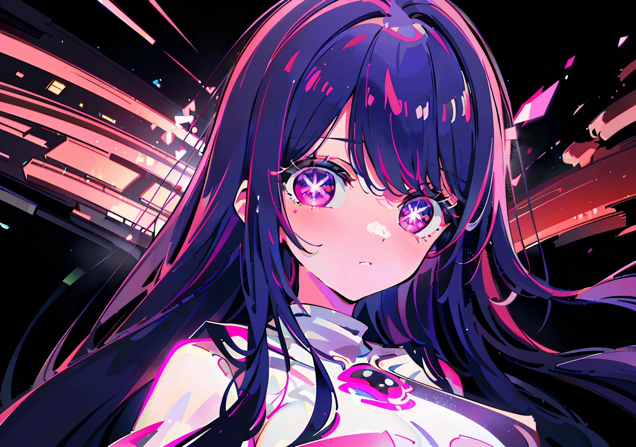 (best quality: 0.8), (best quality: 0.8), perfect anime illustration, close-up portrait of a beautiful woman walking around town very long purple hair huge breasts blush red eyes (((nsfw))) white bikini city neon night super detailed super detailed face bright eyes galaxy in eyes absurd 4k Full HD top on pixiv super well done red eyes huge download file