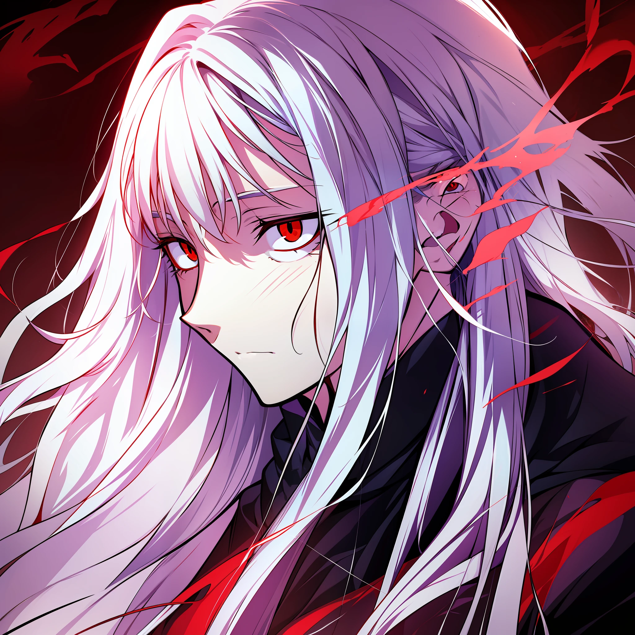 solo, ((long white hair)), ((red eyes)), (expressionless), (homunculus), ((high quality)), (extremely detailed), fate stay night, inspired by takeuchi takahasi