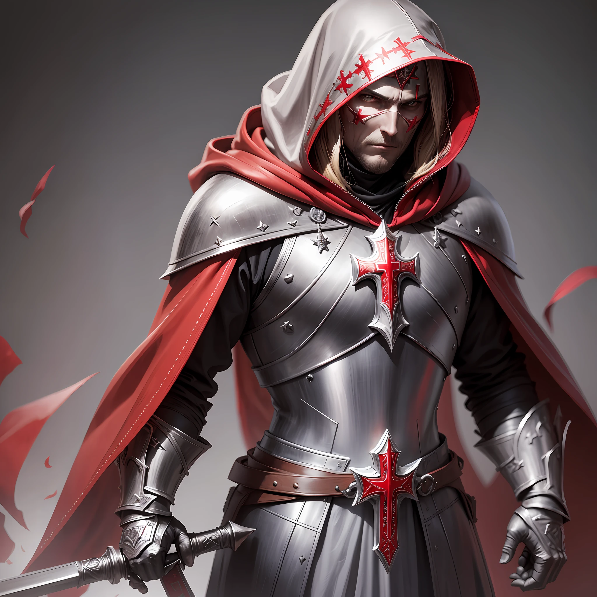 close-up Knight Templar with hood and hyper realistic red Templar cross --auto --s2