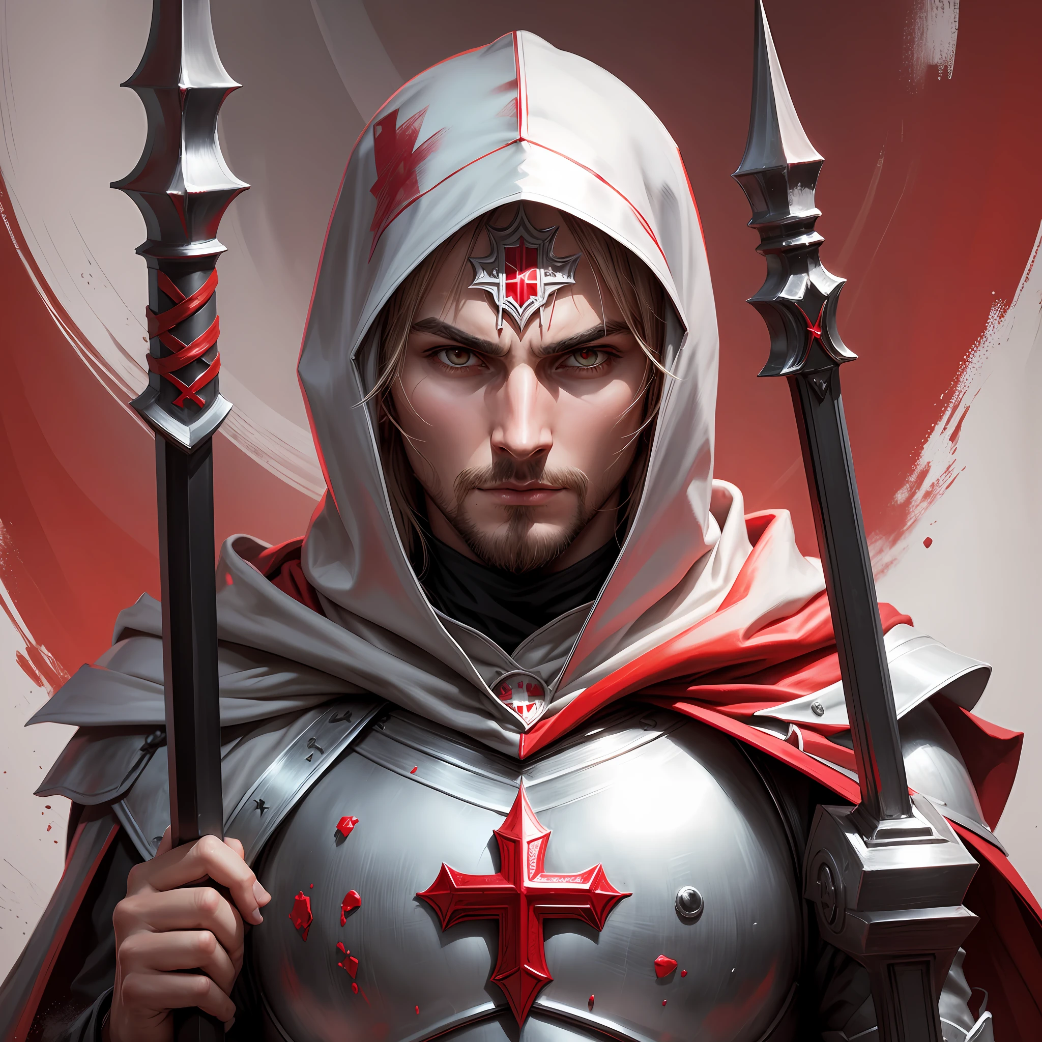 close-up Knight Templar with hood and hyper realistic red Templar cross --auto --s2