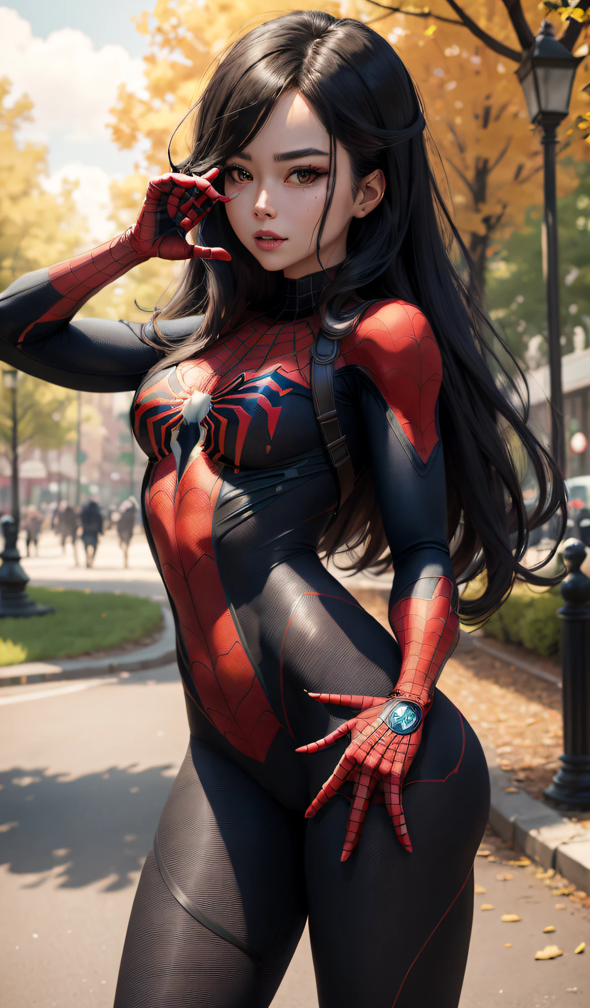 4k, realistic, carismatic, very detail, there is a girl in a park wearing spiderman costum, she is a spiderman, super hero theme, black long hair, 25 years old, full body