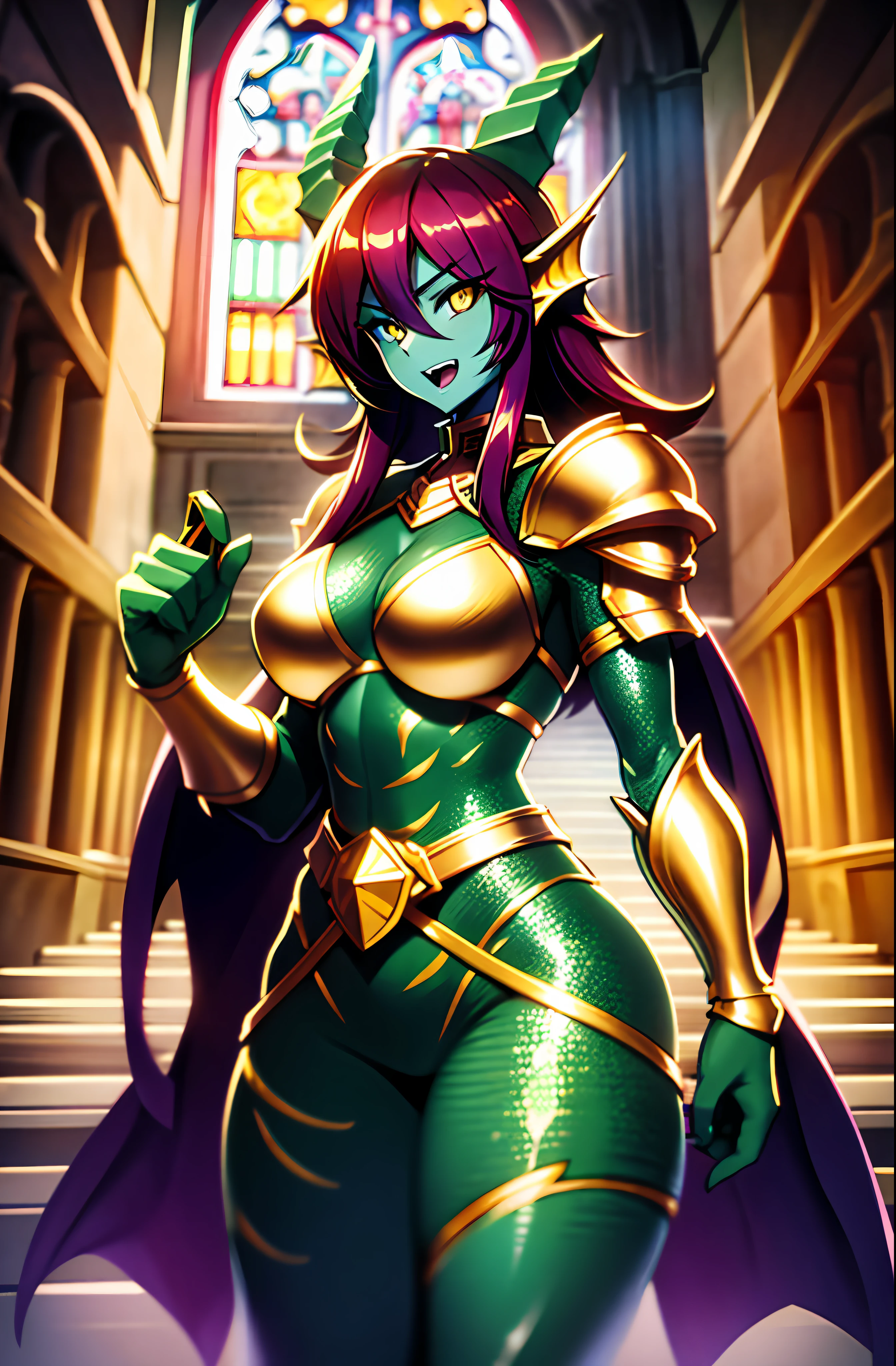 Anime dragon girl, reptile, green skin, scales on the body, green reptile hands, black armor with gold border, purple robe with gold border, combat belt, red hair, yellow eyes, reptile ears, black helmet with gold border on the head, belligerent look, open mouth, holding a steel sword in hands, warrior, victorious, bold, inside the church on the background, beautiful colors, rich colors, beautiful color, back light, 4k, 3d
