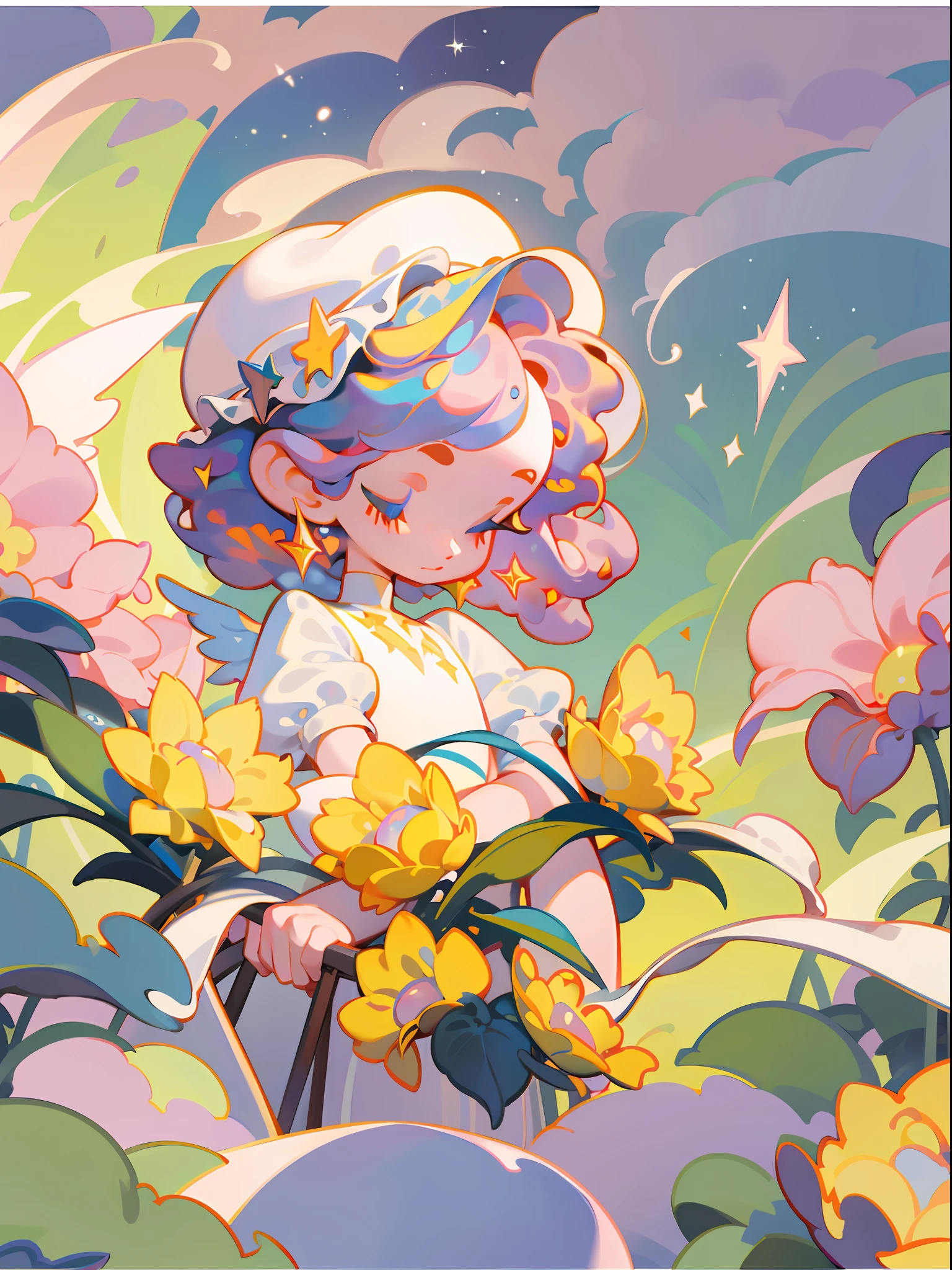 Two-year-old angel, very small one, cute, eyes closed, twinkling in the stars, high quality, thick acrylic illustration, Dolly Key, John Singer Sargent, Trompe Lowy detail, masterpiece, soft lighting, atmospheric lighting, bright morning light, fantastic light and shadow, 8K,