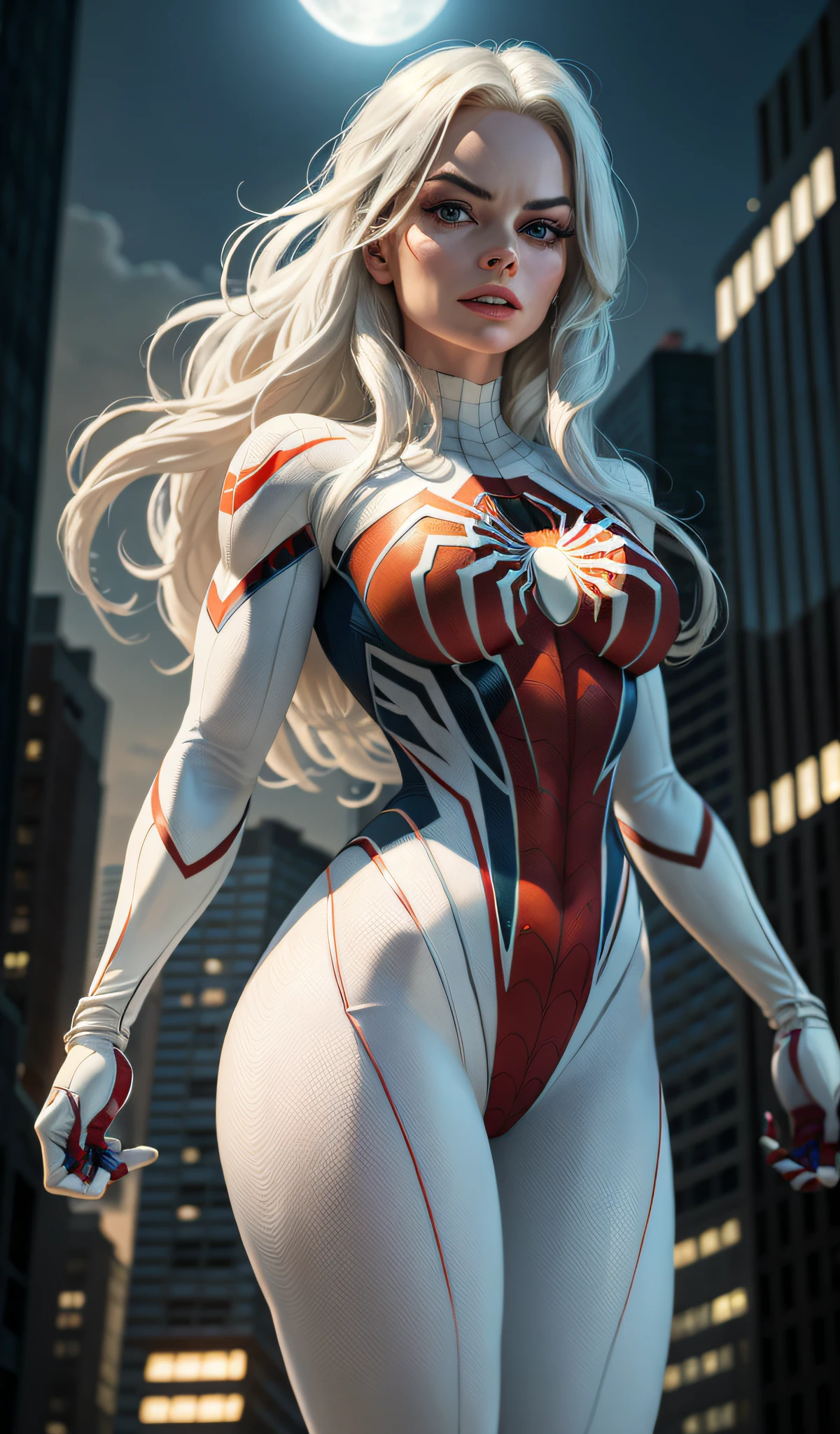 Margot Robbie (Masterpiece, 4k resolution, ultra-realistic, very detailed), (White superhero theme, charismatic, there's a girl at the top of town, wearing Spider-Man costume, she's a superhero), [ (25 years), (long white hair:1.2), full body, (blue eyes:1.2), ((Spider-Man pose),show of strength, jumping from one building to another), ((sandy urban environment):0.8)| (cityscape, at night, dynamic lights), (full moon))] # Explanation: The Prompt mainly describes a 4K painting of ultra-high definition, very realistic, very detailed. It shows a superheroine at the top of the city, wearing a Spider-Man costume. The theme in the painting is a white superhero theme, the female protagonist has long white hair, is 25 years old and her entire body is shown in the painting. In terms of portraying the actions of superheroines, spiders are employed