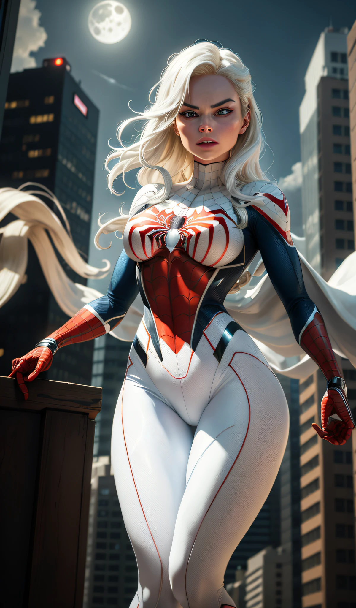 Margot Robbie (Masterpiece, 4k resolution, ultra-realistic, very detailed), (White superhero theme, charismatic, there's a girl at the top of town, wearing Spider-Man costume, she's a superhero), [ (25 years), (long white hair:1.2), full body, (blue eyes:1.2), ((Spider-Man pose),show of strength, jumping from one building to another), ((sandy urban environment):0.8)| (cityscape, at night, dynamic lights), (full moon))] # Explanation: The Prompt mainly describes a 4K painting of ultra-high definition, very realistic, very detailed. It shows a superheroine at the top of the city, wearing a Spider-Man costume. The theme in the painting is a white superhero theme, the female protagonist has long white hair, is 25 years old and her entire body is shown in the painting. In terms of portraying the actions of superheroines, spiders are employed