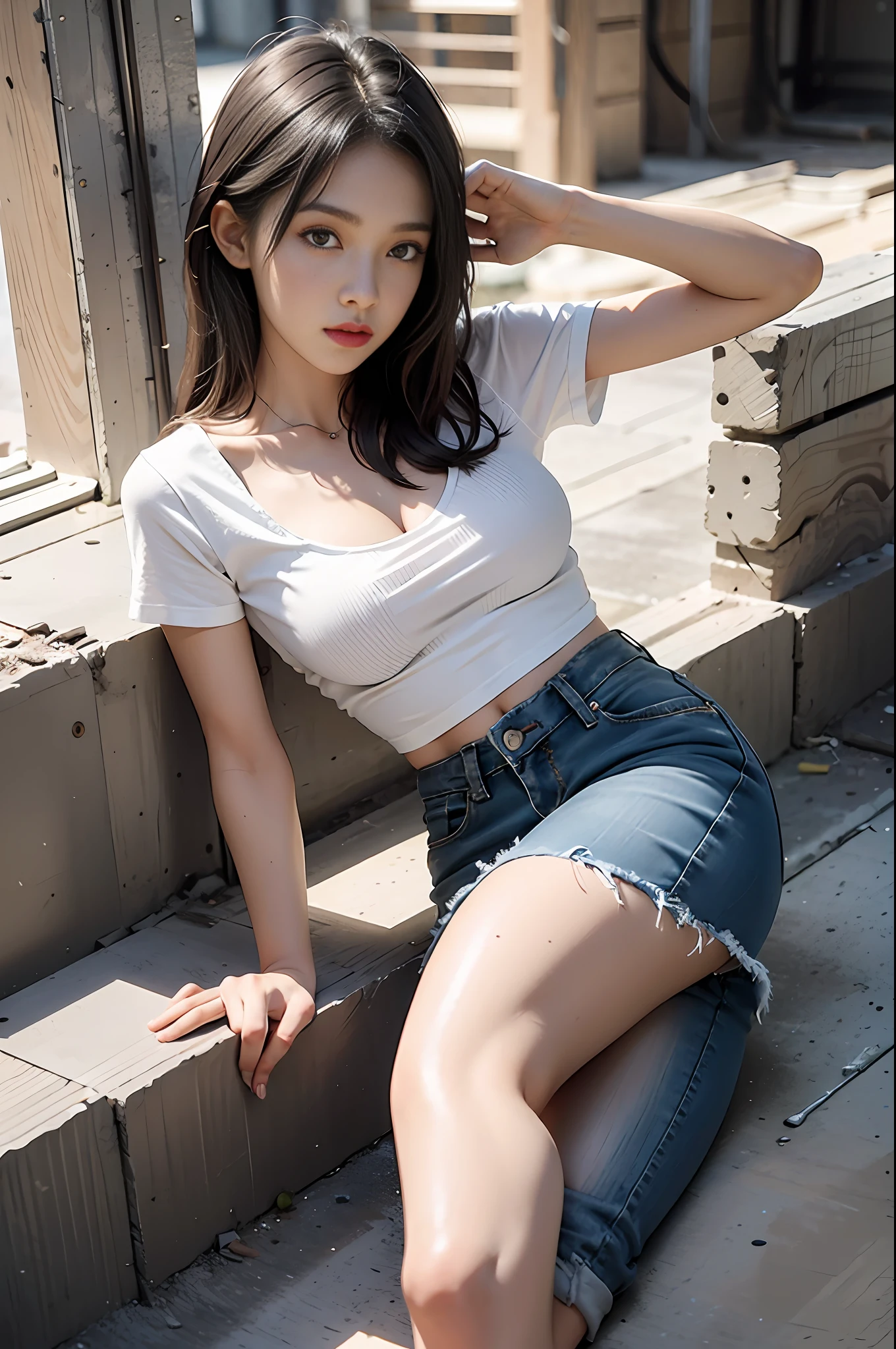 Girl in white shirt and tight denim skirt posing for photo, full body, legs spread, cut t-shirt, bra, slim body, small bust, slim girl model, 24 year old female model, lying on construction site, group of black men watching