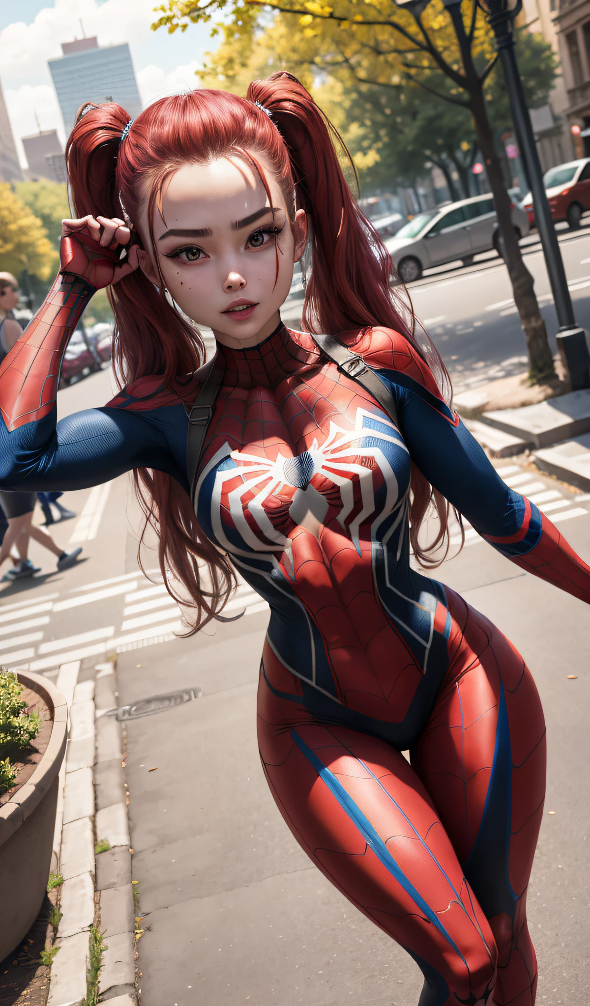 4k, realistic, carismatic, very detail, there is a girl in a park wearing spiderman costum, she is a spiderman, super hero theme, beautiful hair, 25 years old, full body
