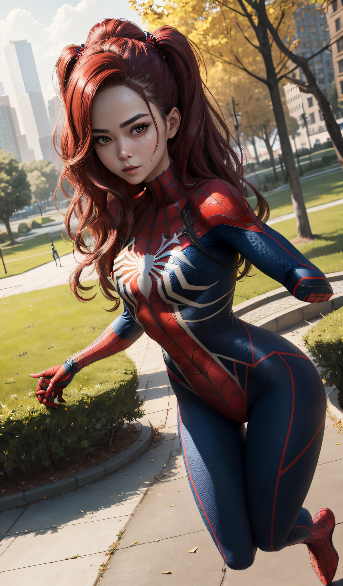 4k, realistic, carismatic, very detail, there is a girl in a park wearing spiderman costum, she is a spiderman, super hero theme, beautiful hair, 25 years old, full body