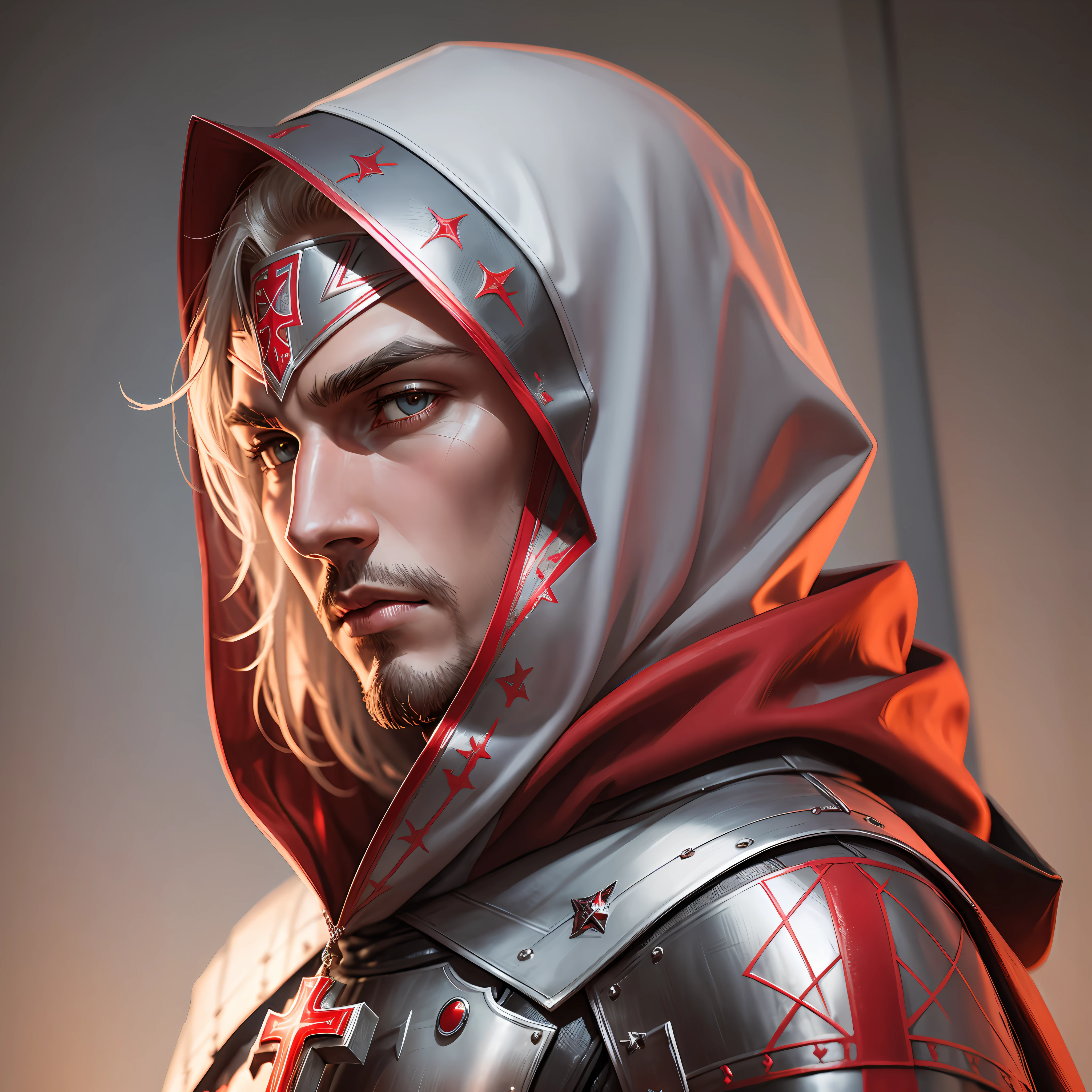 close-up Knight Templar with hood and hyper realistic red Templar cross --auto --s2