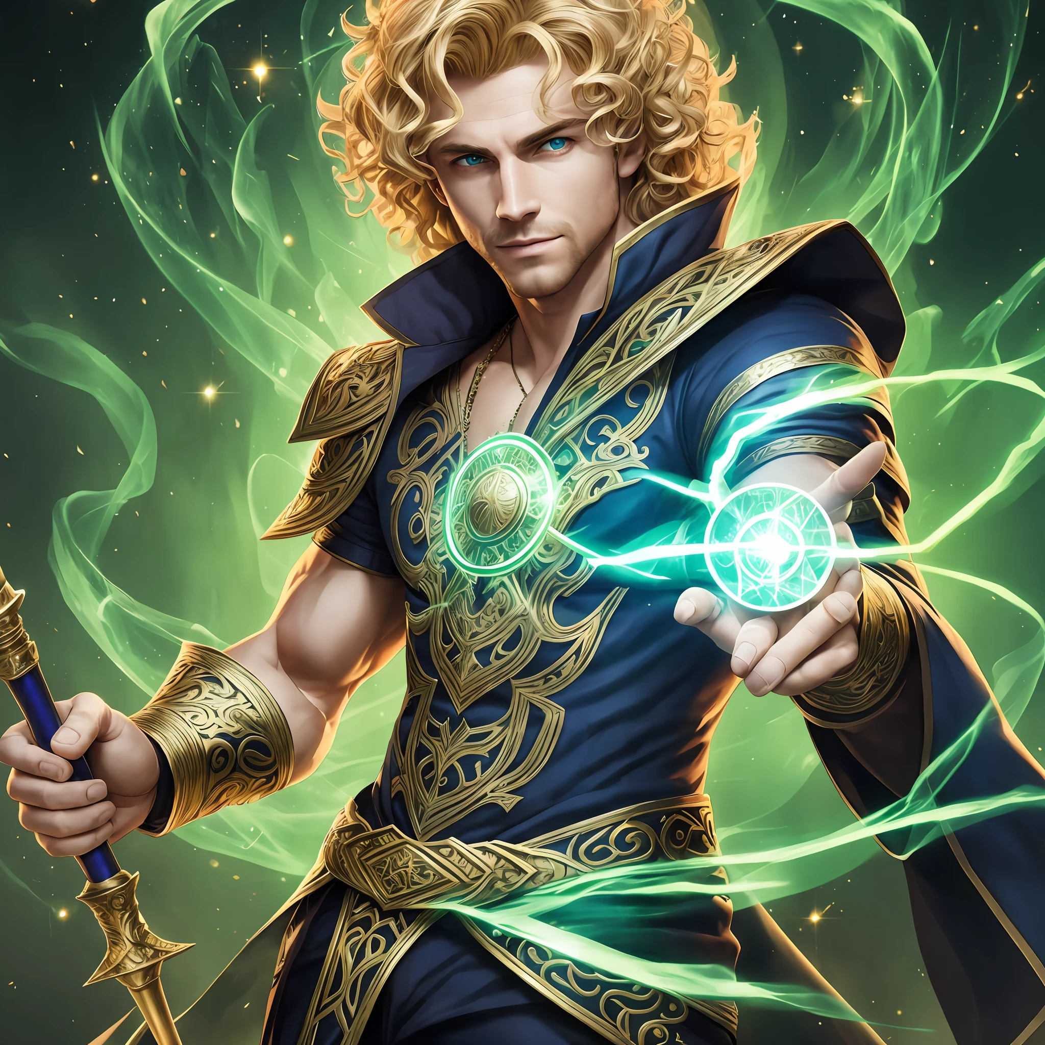 Sorcerer, magician, man, Beautiful, blonde, curly hair, green eyes, magic scepter, power, 8k, intricate details, super detailed, cinematic lighting, defined body, transparent shirt --auto --s2