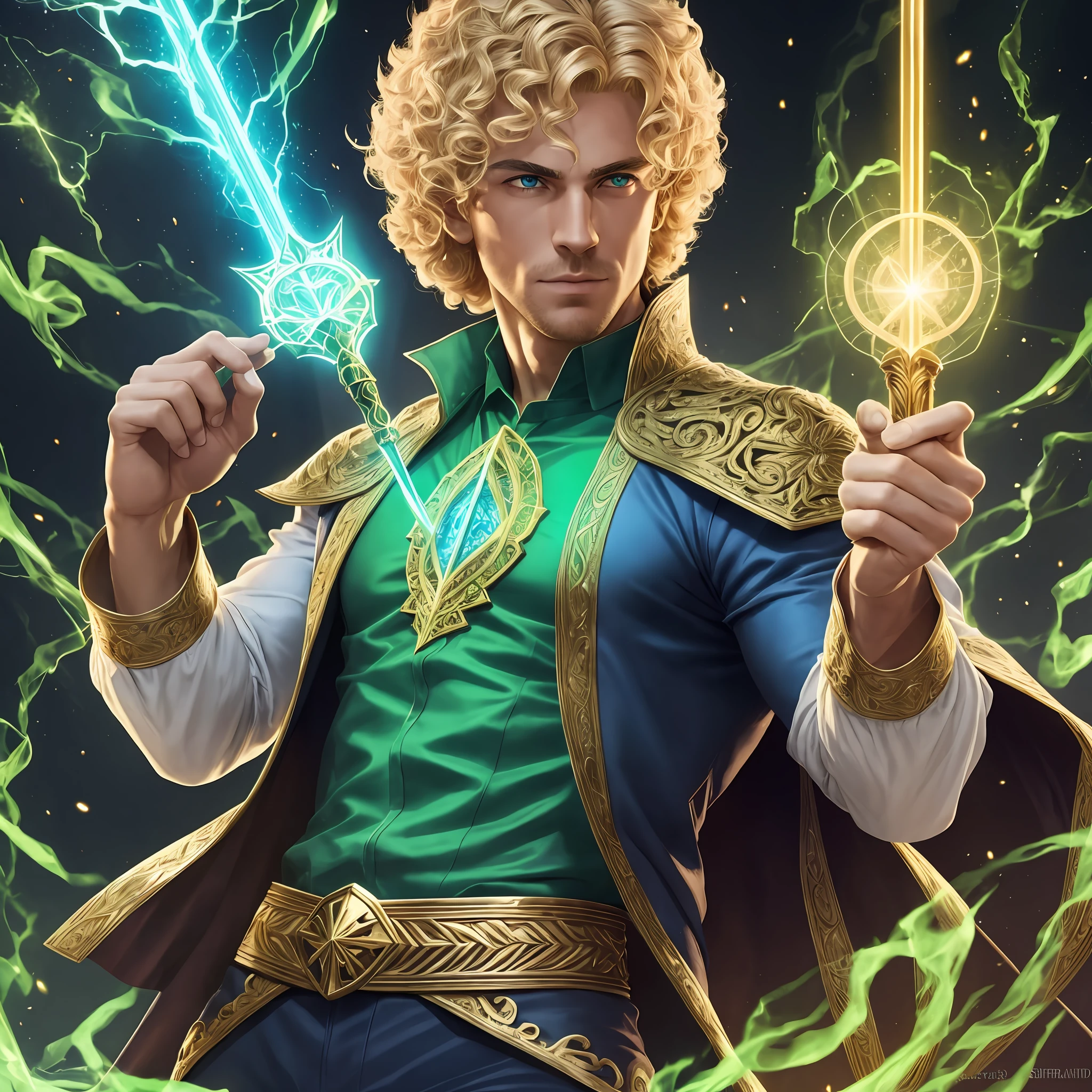 Sorcerer, magician, man, Beautiful, blonde, curly hair, green eyes, magic scepter, power, 8k, intricate details, super detailed, cinematic lighting, defined body, transparent shirt --auto --s2