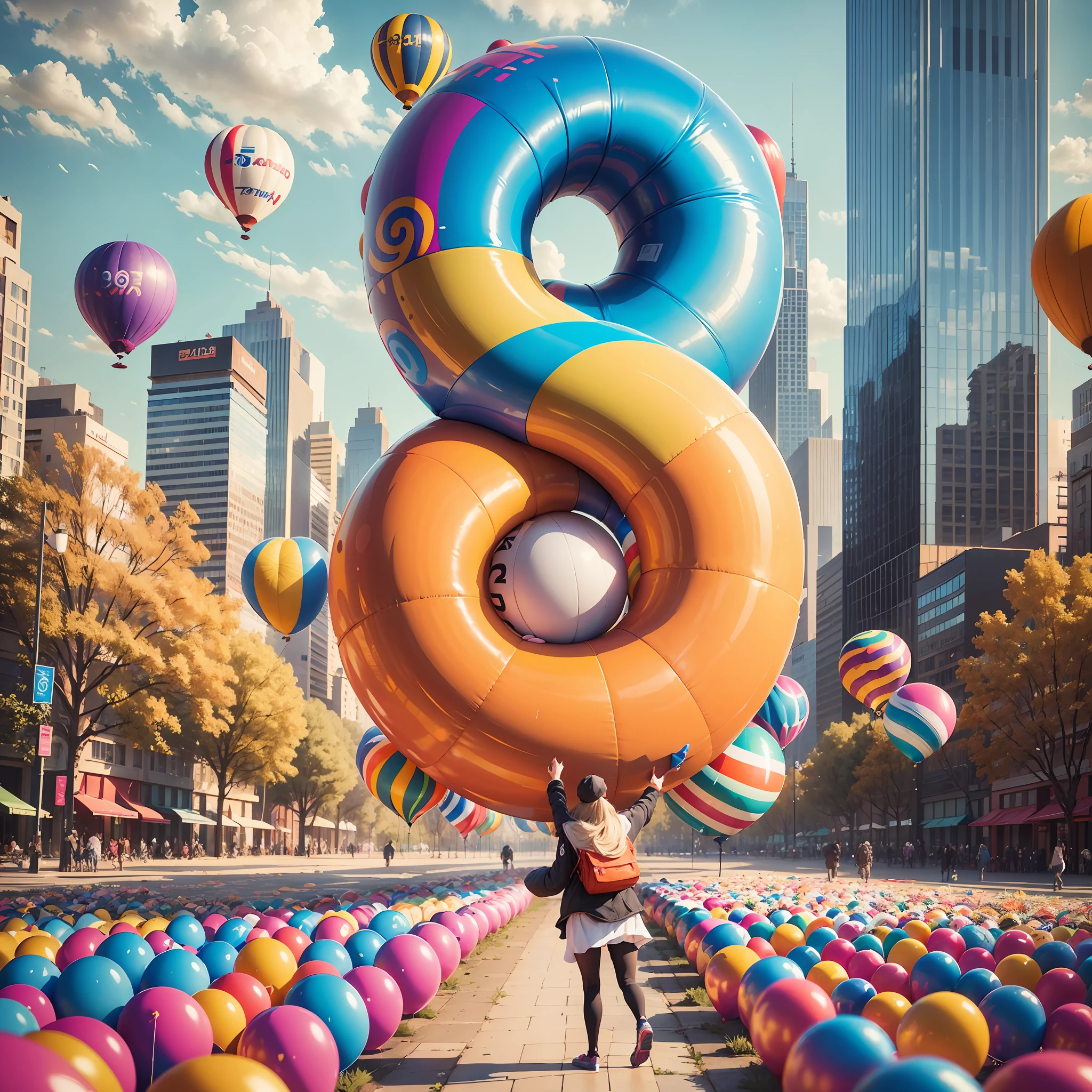 (Poster, 8th anniversary, 9:16 scale, three-dimensional number "8": 1.2, colorful, detailed), time, fleeting, 1 person ecstatic, standing on the streets of the city, bright sunshine, lively crowds, cheers, tall buildings in the distance, trees lining the street, colorful balloons dancing gently in the flowing wind ((poster)), ((artwork: 1.1)) --auto --s2