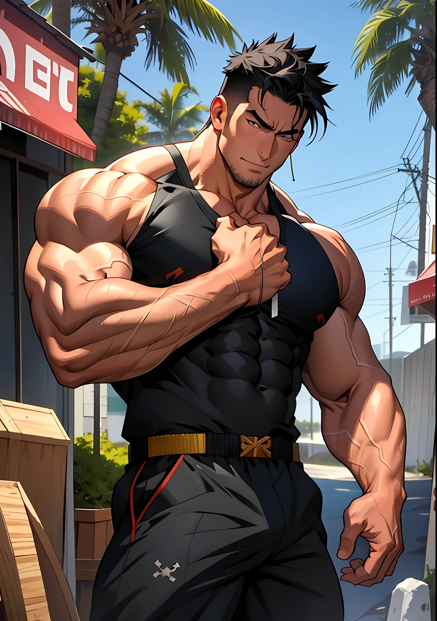 there is a man with black hair and a cross on his chest, muscular!!, muscular character, anime handsome man, in billy herrington body, naoki ikushima, muscular!, muscular male, muscular male hero, beefcake pose, muscular!!!, muscular! fantasy, mid-shot of a hunky, genzoman, fairly muscular