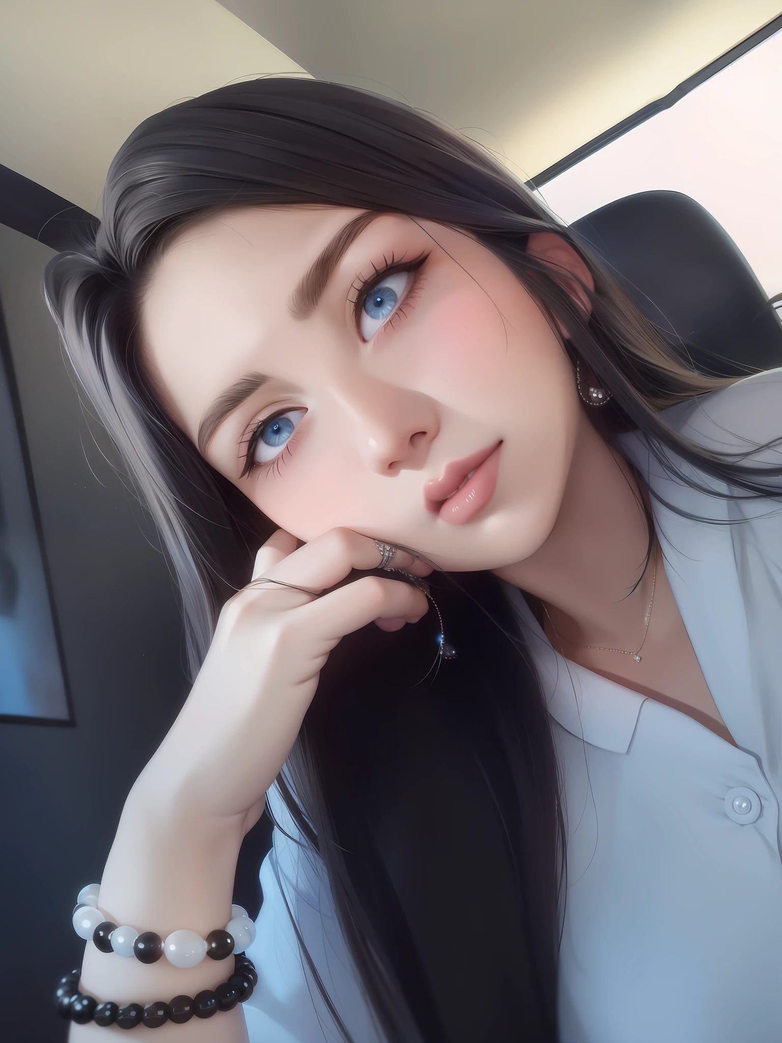 best quality, masterpiece, black hair, blue eyes, looking up, upper body