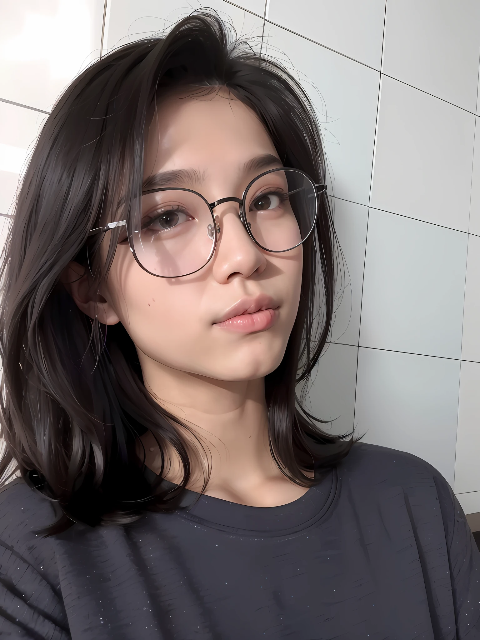 there is an androgynous person with glasses that is looking at the camera, wearing thin large round glasses, with glasses, wearing small round glasses, with glasses on, thick glasses, with square glasses, big round glasses, wearing round glasses, with short hair, wearing black frame glasses, young adorable korean face, gorgeous young person, with black eyeglasses, spectacled, t-shirt and shorts, graphic tee, black shirt, chubby