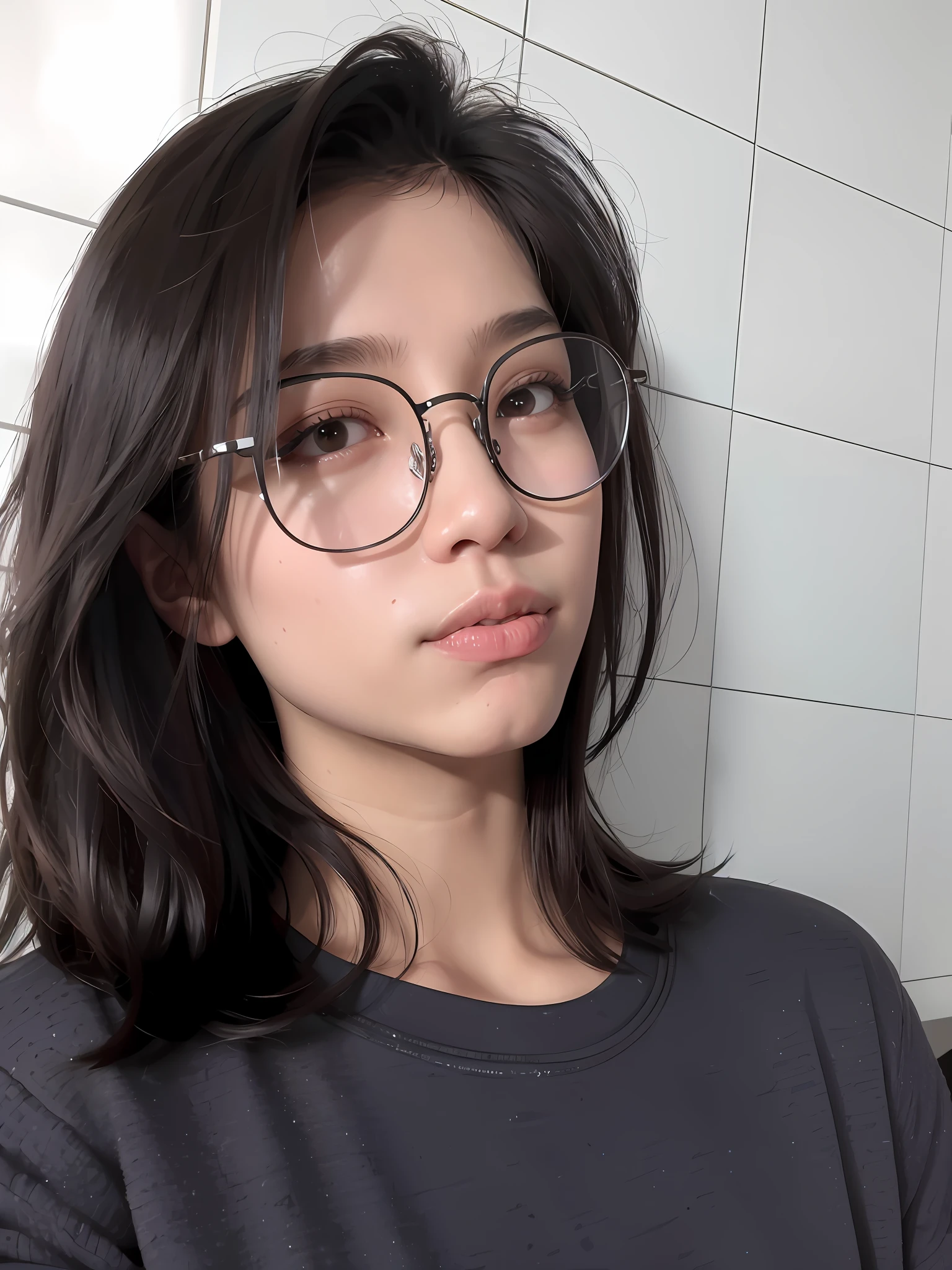 there is an androgynous person with glasses that is looking at the camera, wearing thin large round glasses, with glasses, wearing small round glasses, with glasses on, thick glasses, with square glasses, big round glasses, wearing round glasses, with short hair, wearing black frame glasses, young adorable korean face, gorgeous young person, with black eyeglasses, spectacled, t-shirt and shorts, graphic tee, black shirt, chubby