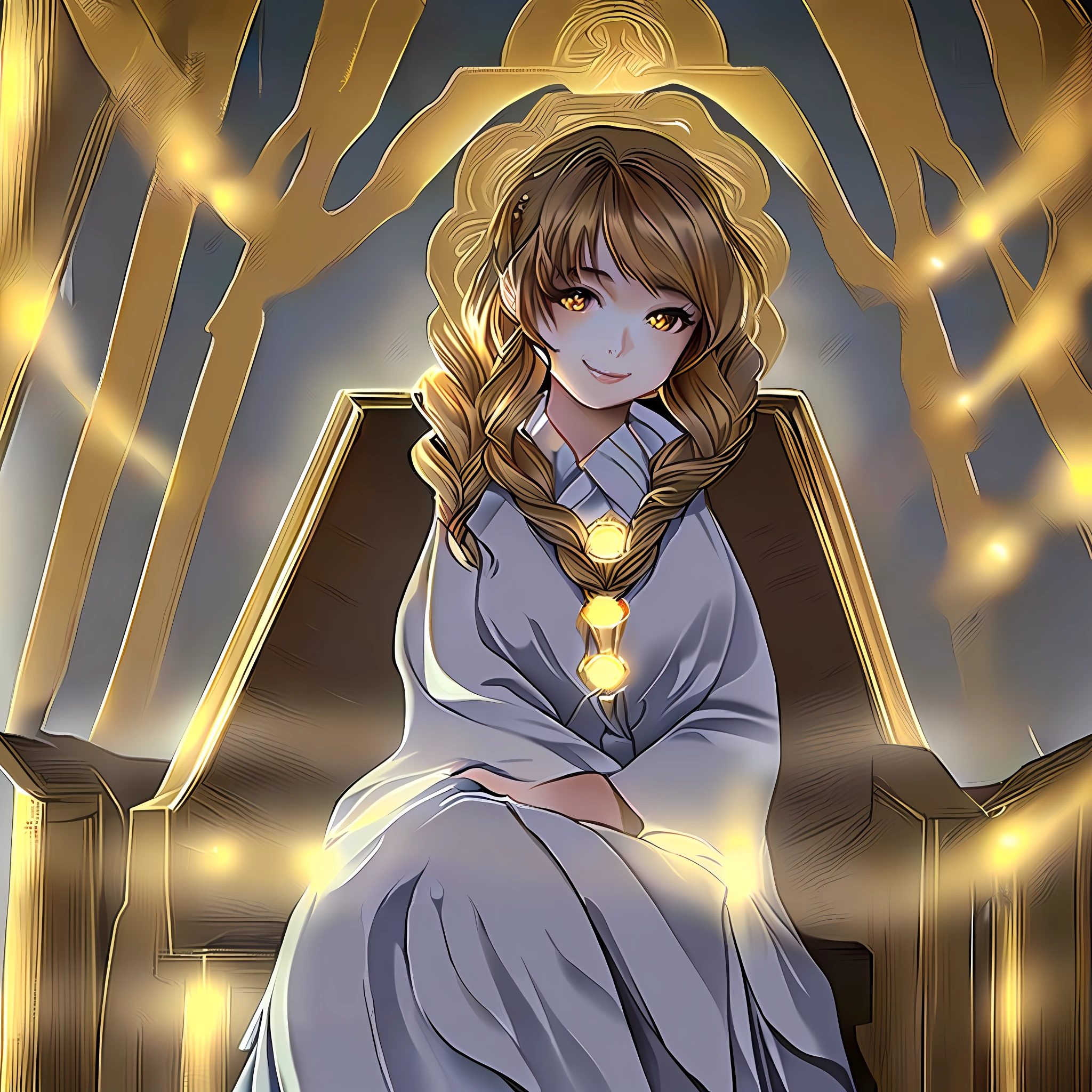Best quality, masterpiece, (Adult: 1.6) Young Japan queen sitting on throne, (make-up laughter: 0.4), arms on the back of head, golden braided hair, glowing eyes, Victorian sundress, floating light particles, center